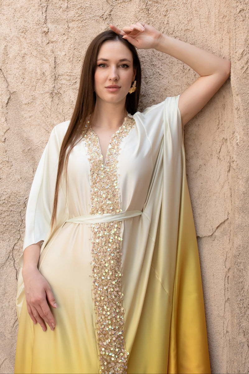 Front view of Soraya Farasha modest luxury dress in yellow