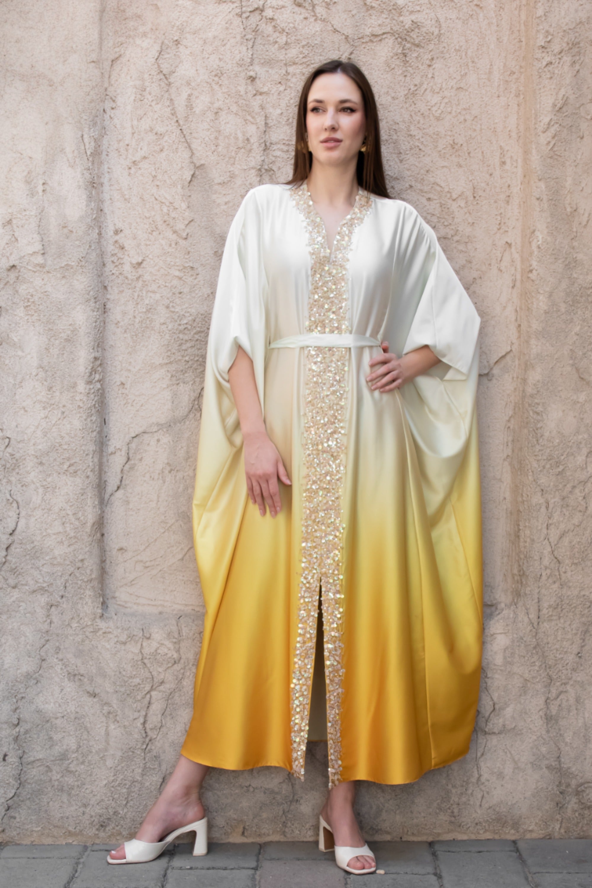 Sunshine yellow ombré Soraya Farasha featuring flowing silhouette and intricate 3D bead detailing
