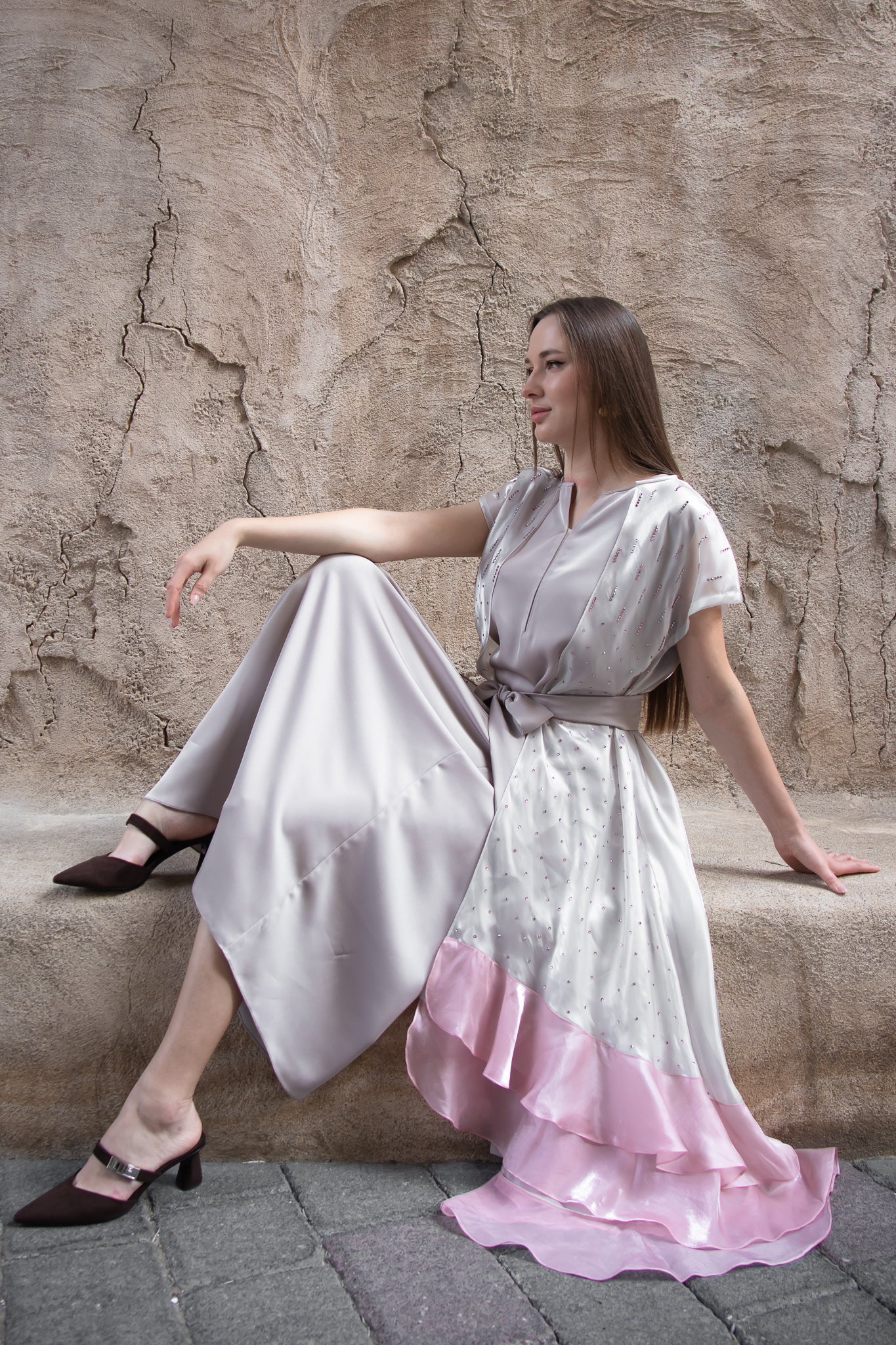 Elara cape set showcasing fluid silhouette and soft drape
