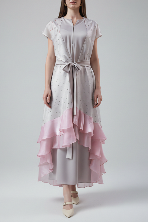 Elara pastel pink organza cape set with flowing ruffles