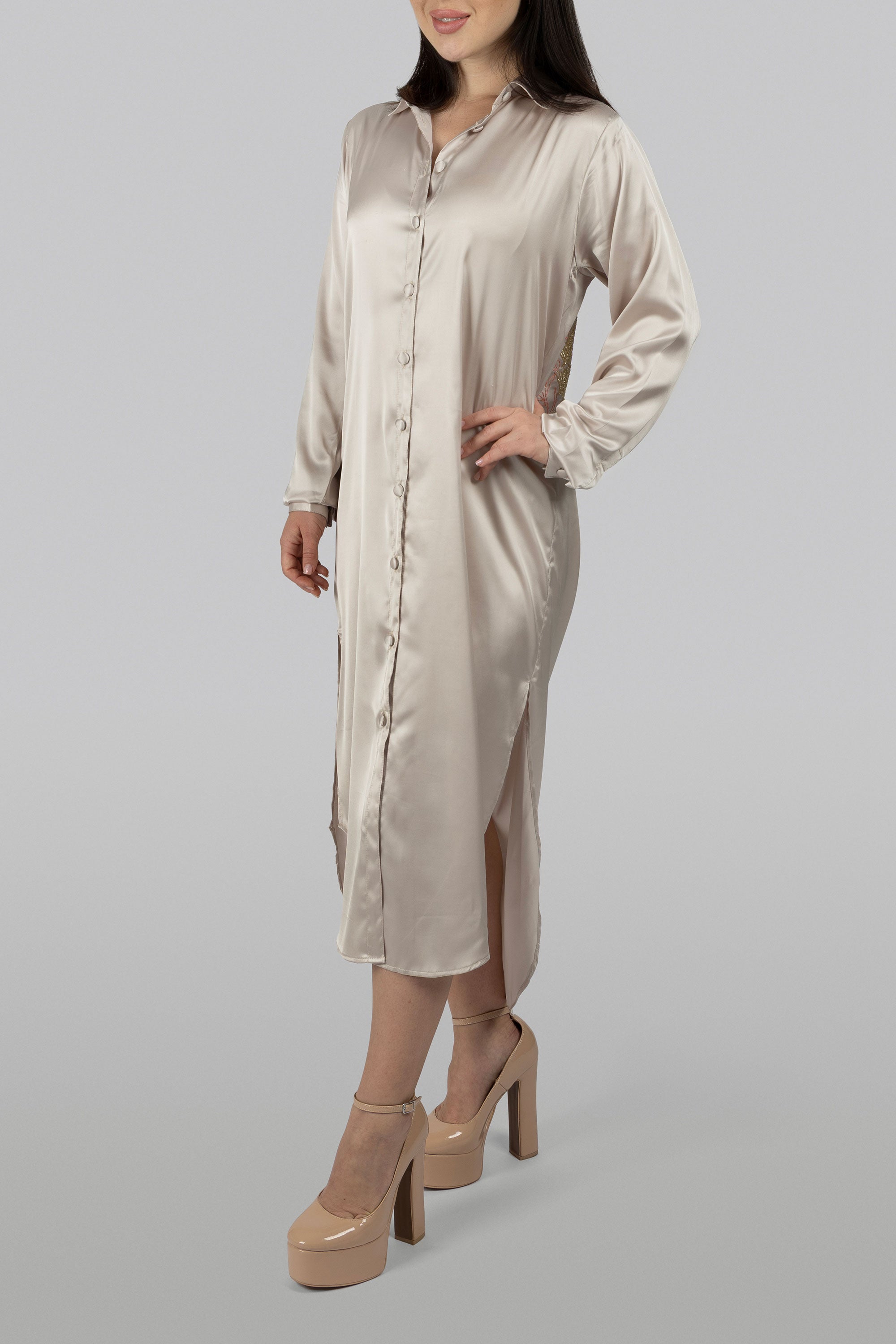 Champagne silk midi dress with hand-applied gold and blush embroidery
