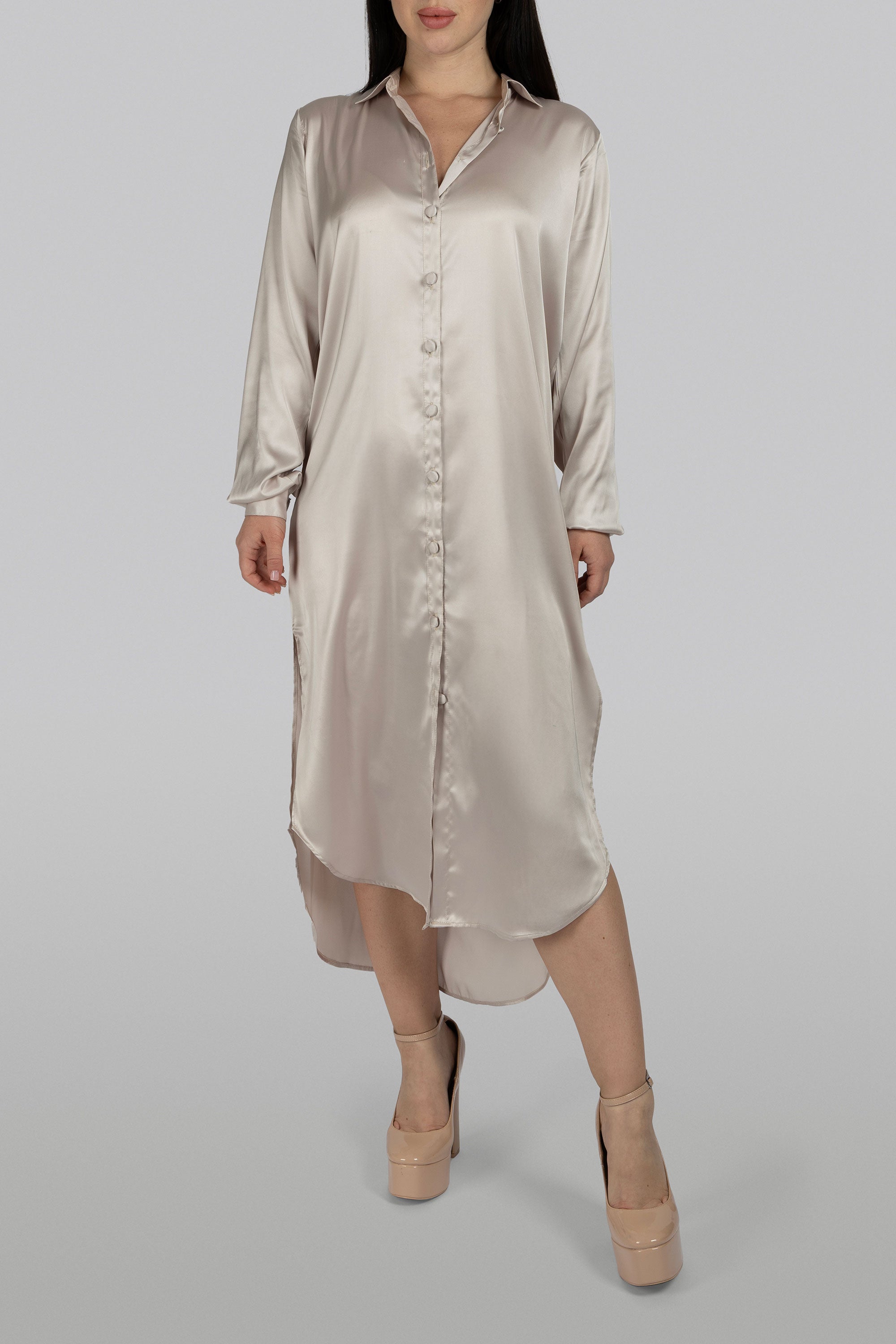 Poppy champagne silk midi-calf shirt dress with gold and blush floral embroidery on the back
