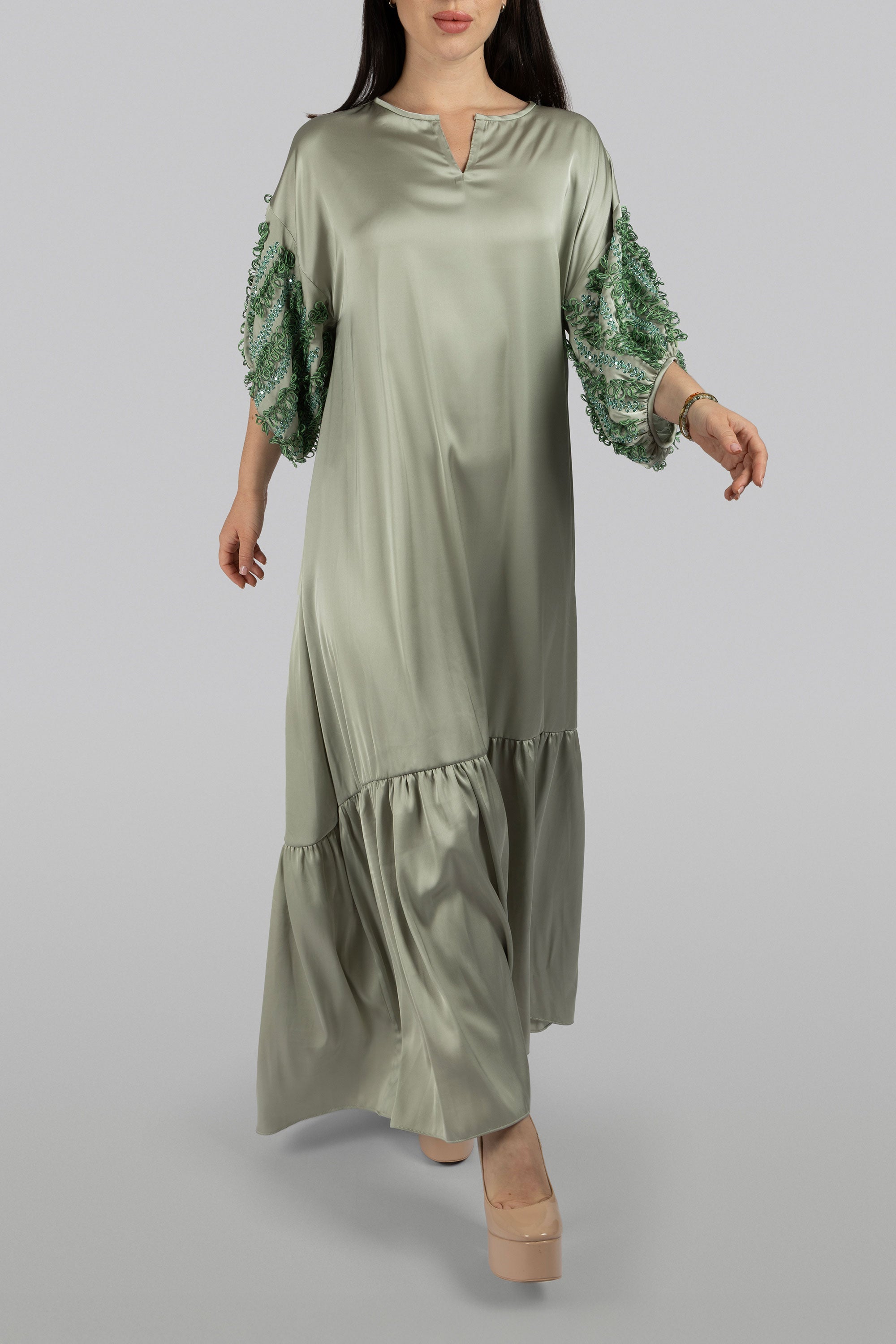 Fern smoke green satin maxi dress with high-low hem
