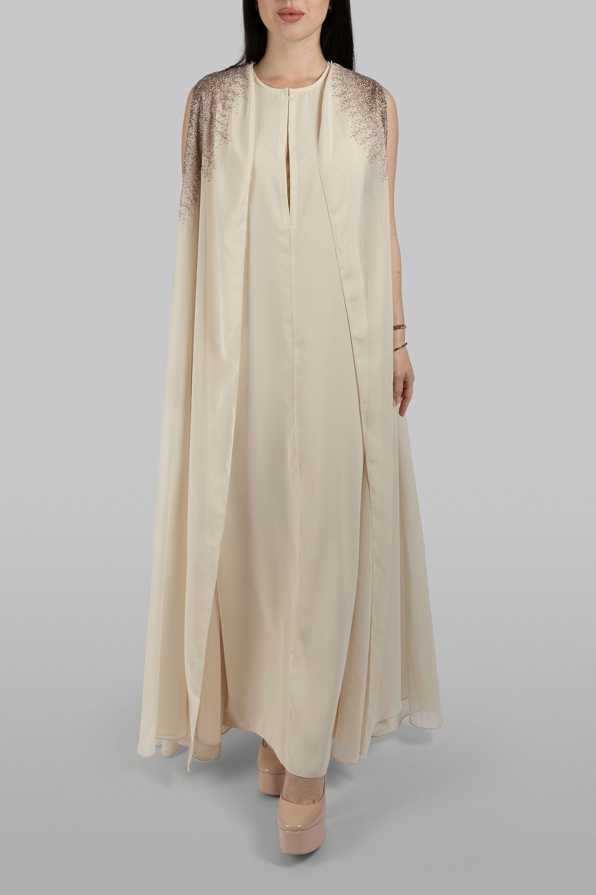 Thalia creamy white chiffon floor-length cape with antique-toned embellishments
