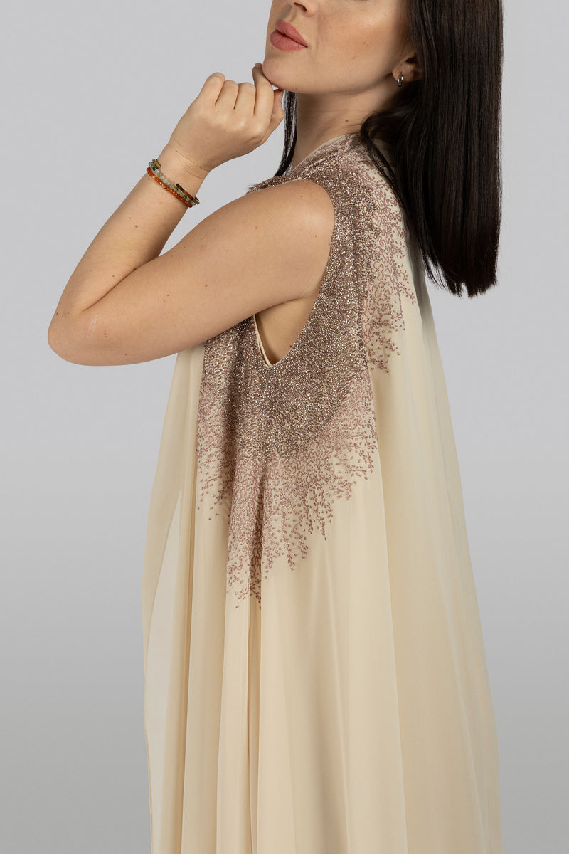 Close-up of antique hand-embroidered beadwork on thalia chiffon cape by KUNST UAE
