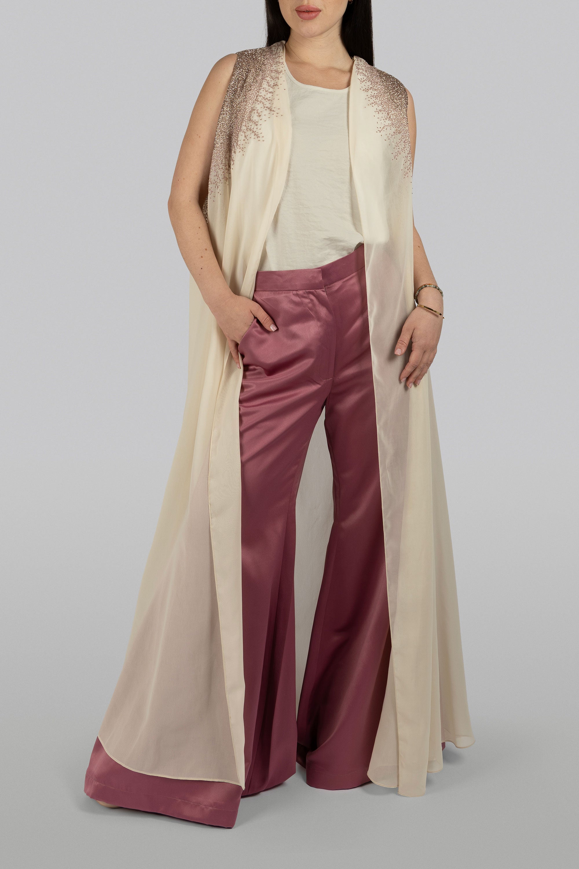 Floor-length chiffon cape with intricate antique-hued beadwork
