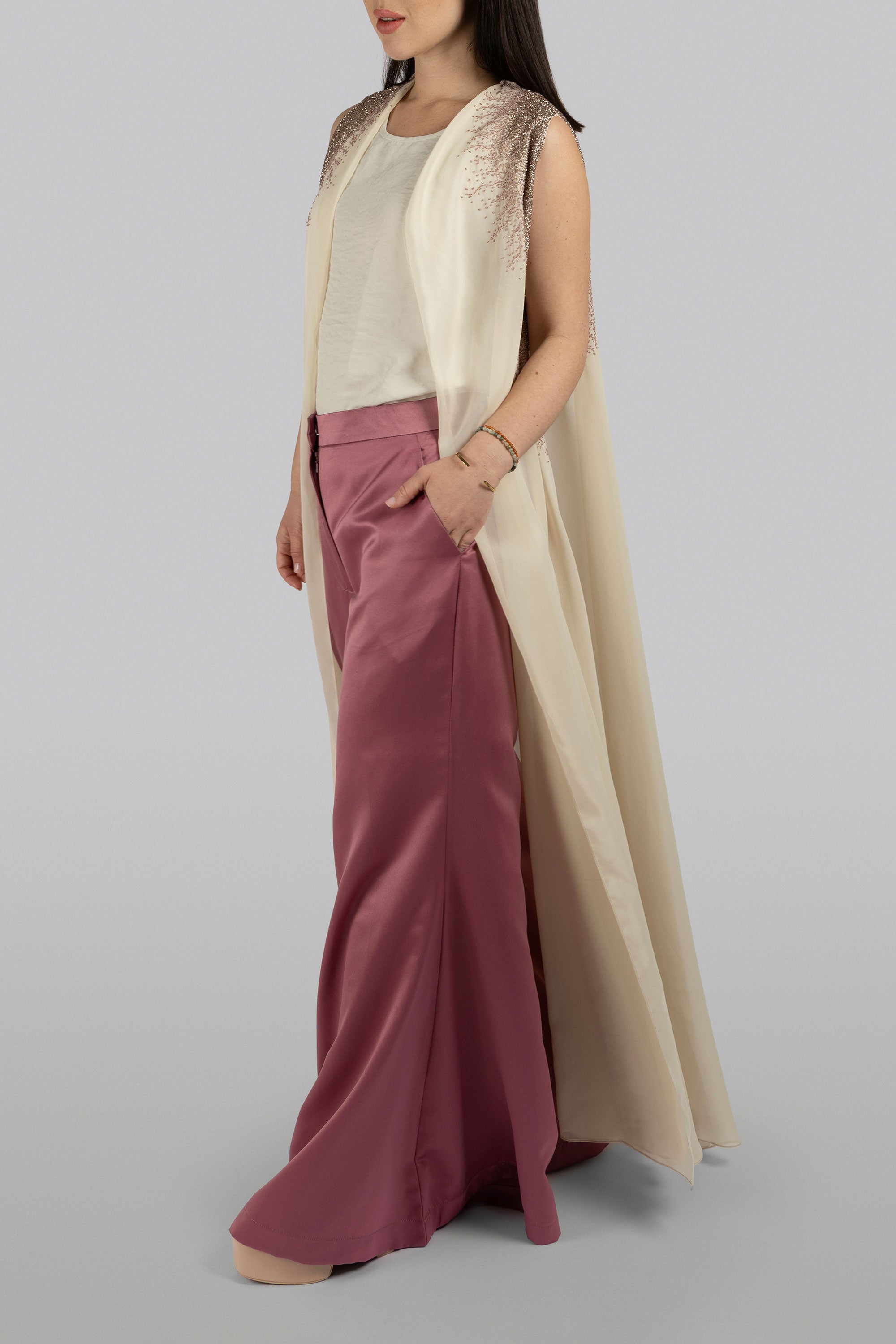 Vine creamy white chiffon floor-length cape with antique beadwork
