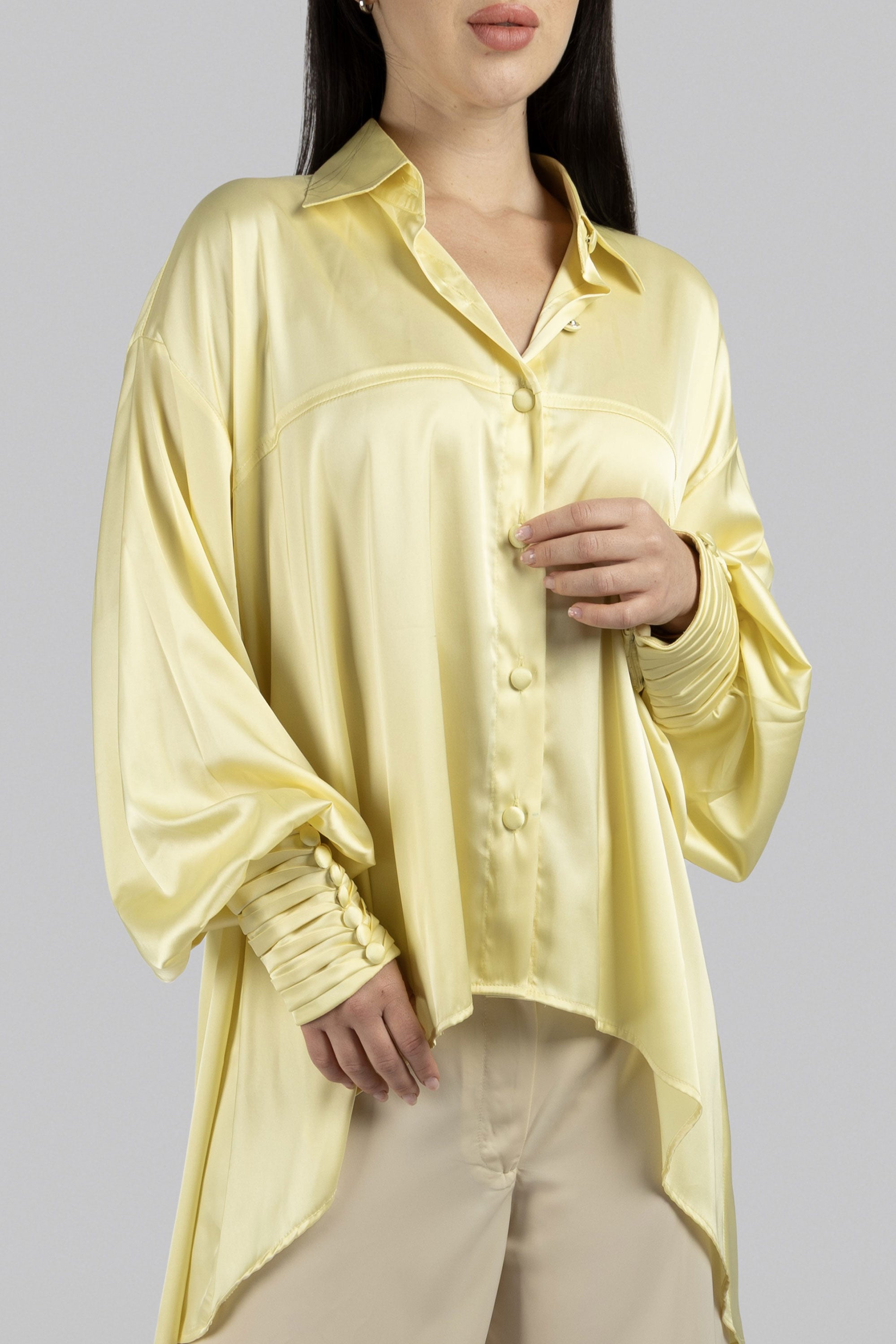 Opal butter yellow silk asymmetric top with voluminous sleeves
