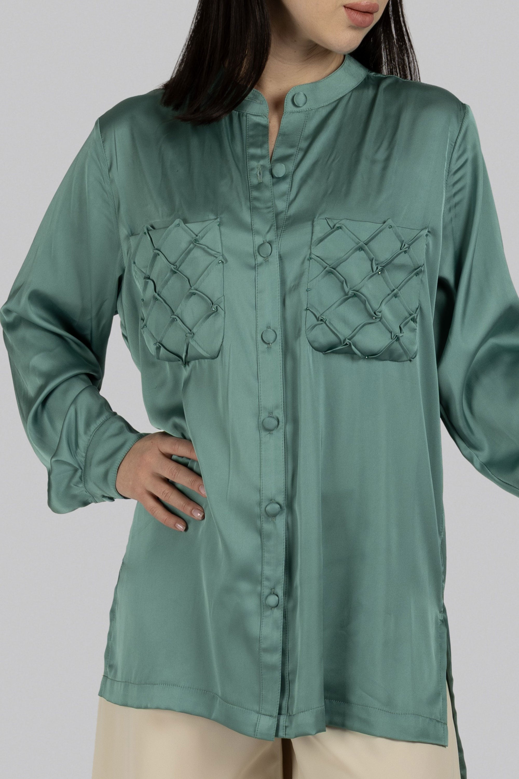Mira aqua green silk tunic top with band collar and crystal accents
