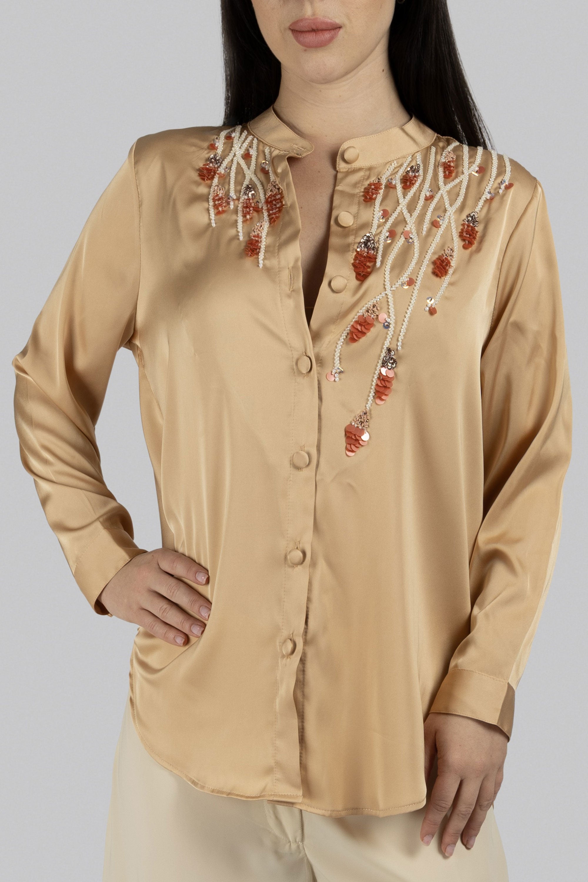 Ivy soft khaki gold silk button-down top with asymmetric ivy motifs
