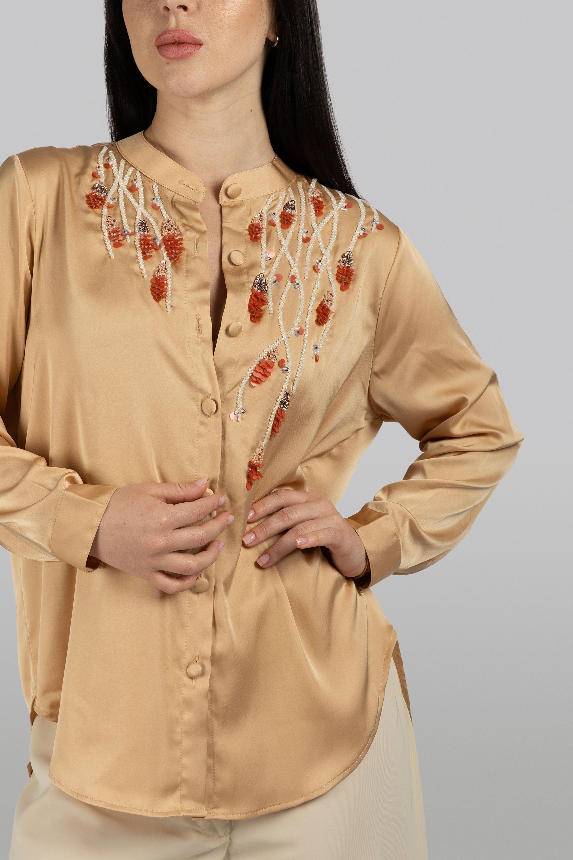 Khaki gold silk button-down top for polished day-to-night styling
