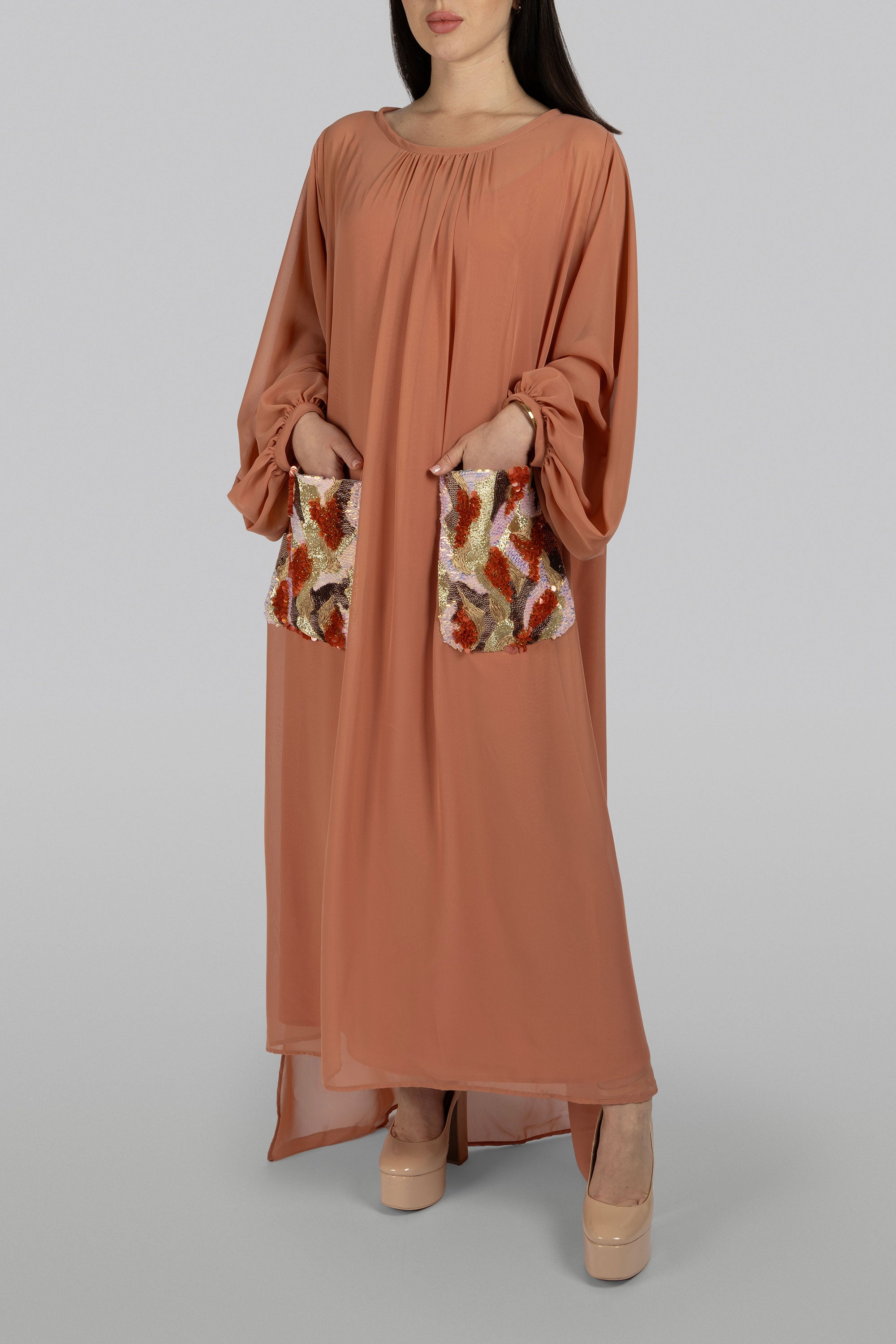 front view of KUNST Zinnia crimson chiffon high-low maxi dress