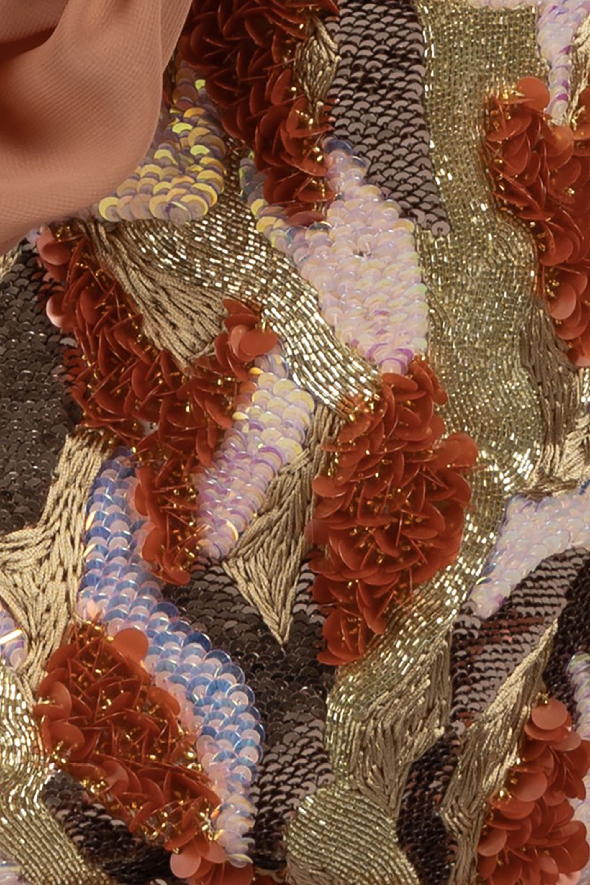 Close-up of textured fabric with floral and abstract patterns.