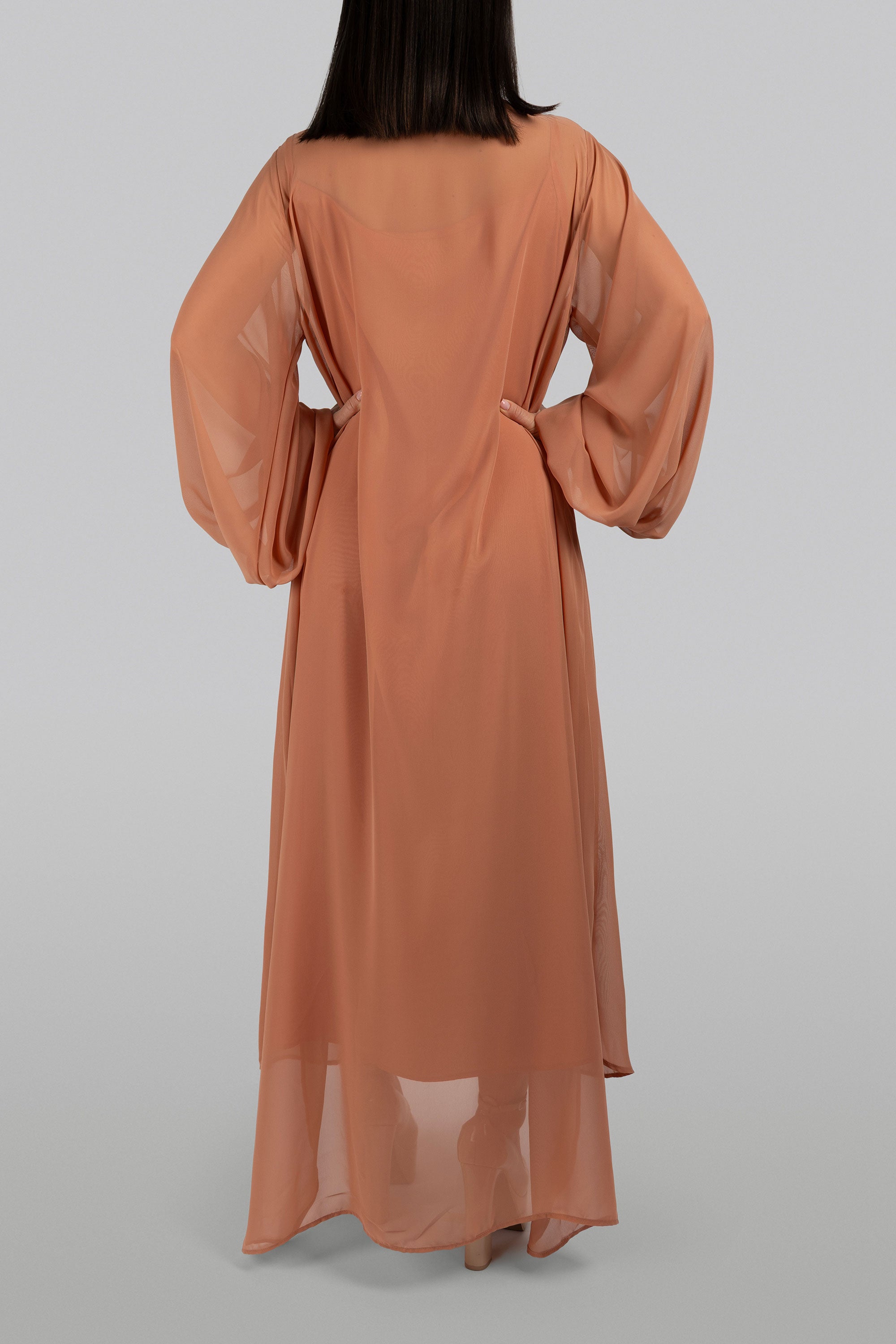 Crimson-coral chiffon maxi dress with bohemian sleeves and statement detailing