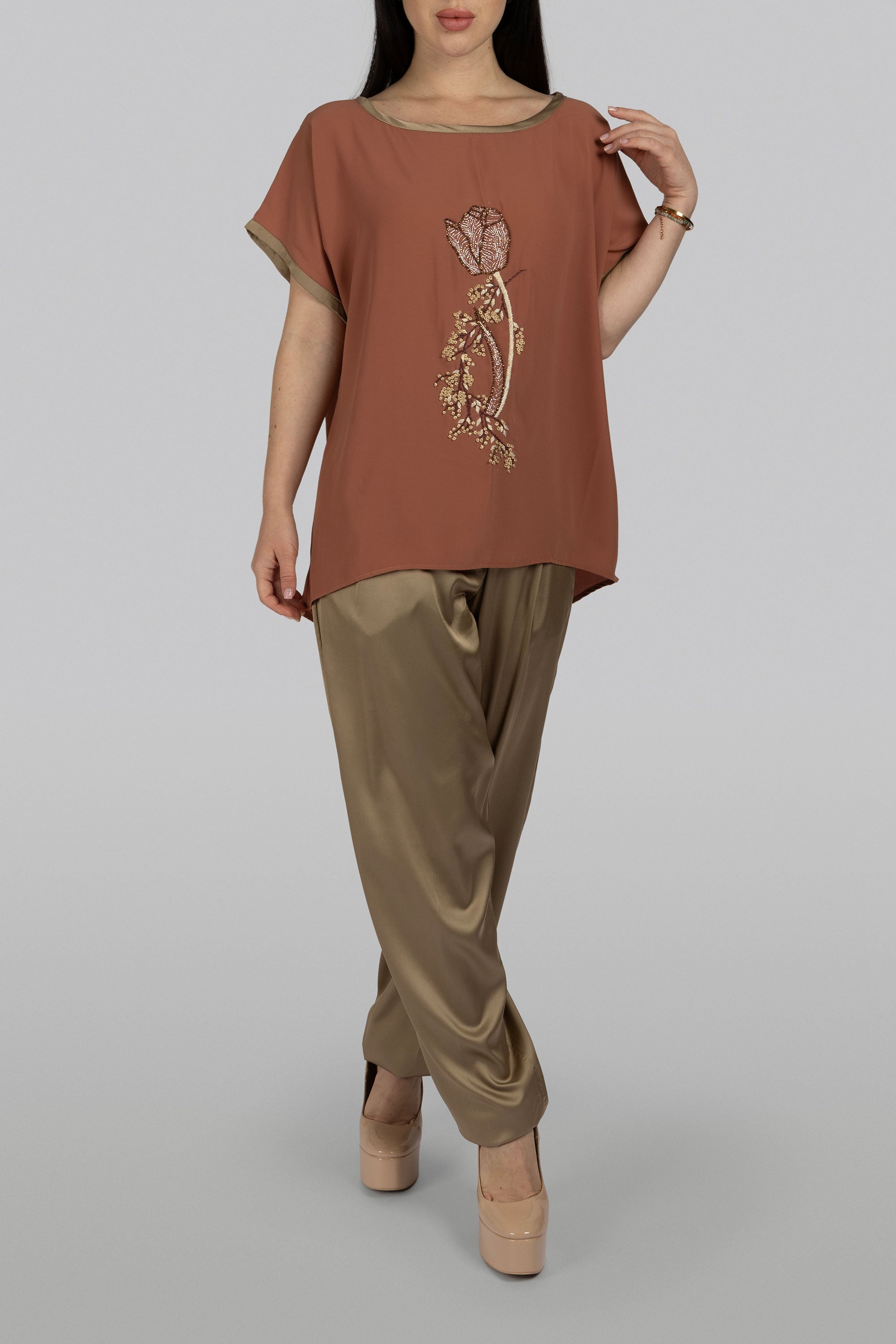 Rusty terracotta crepe top for polished casual or elevated styling
