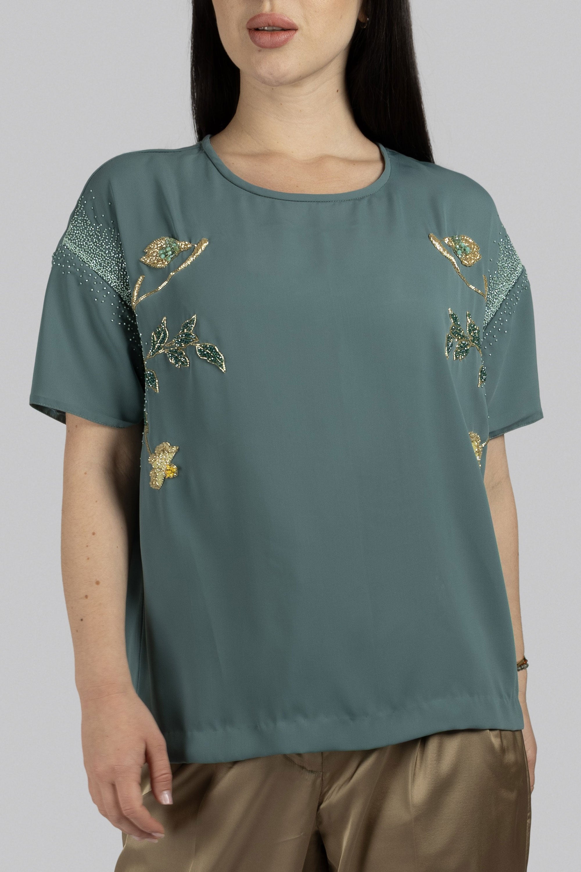 Lume deep sage crepe top with classic round neckline and floral bead motifs
