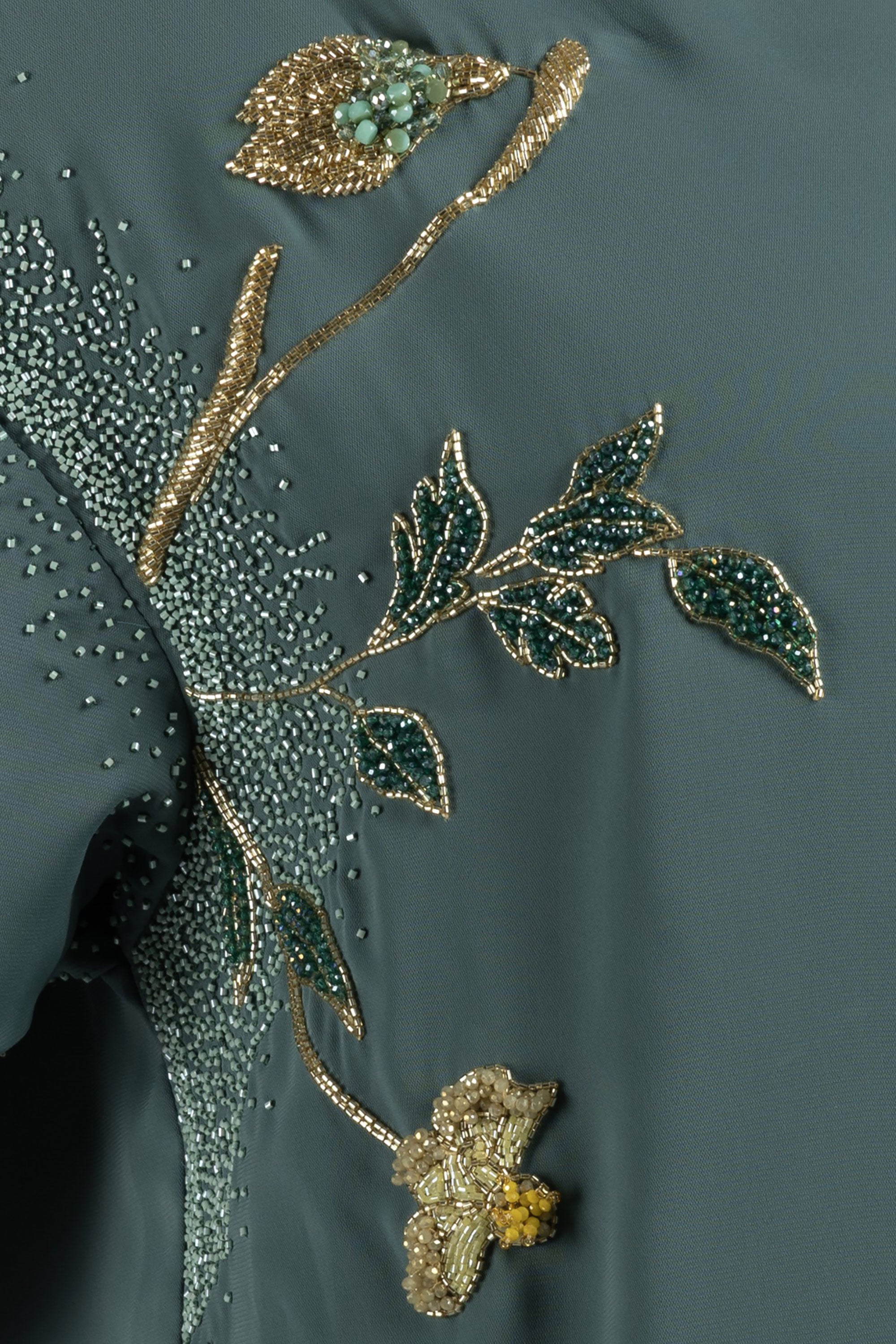 Lume crepe top with floral motifs and subtle shimmer detailing
