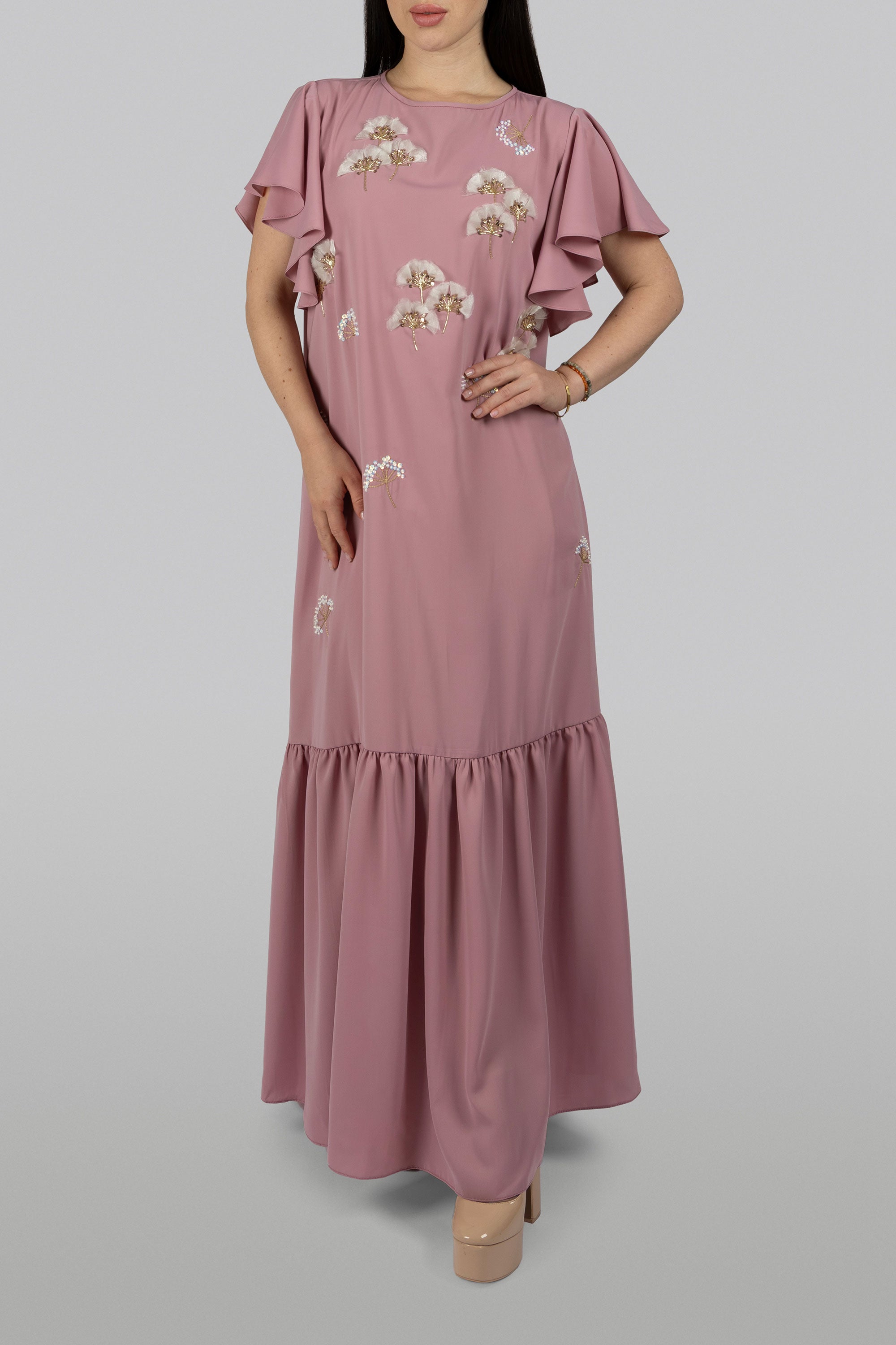 Flora pink crepe high-low maxi dress with fabric flower embellishments