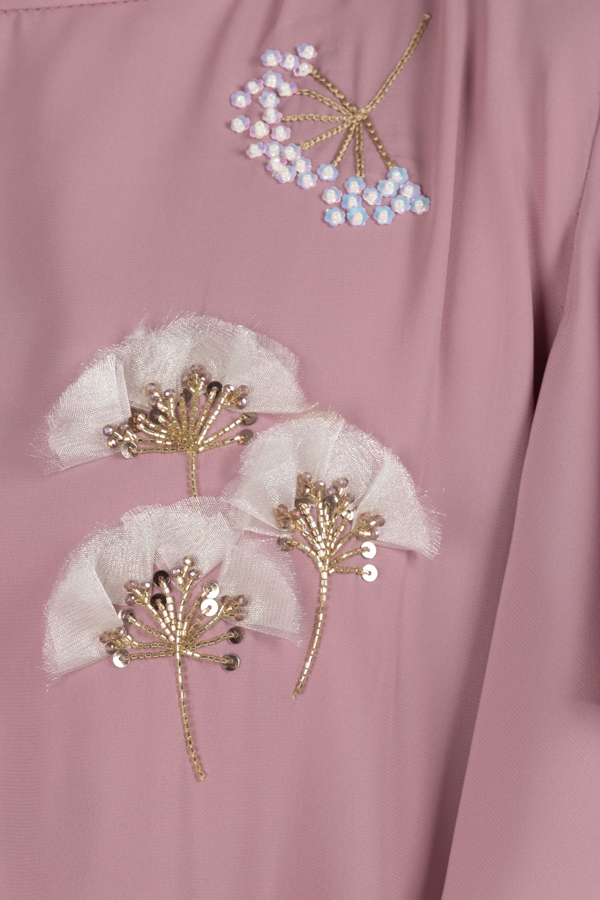 Whimsical flowing pink maxi dress with fabric flowers