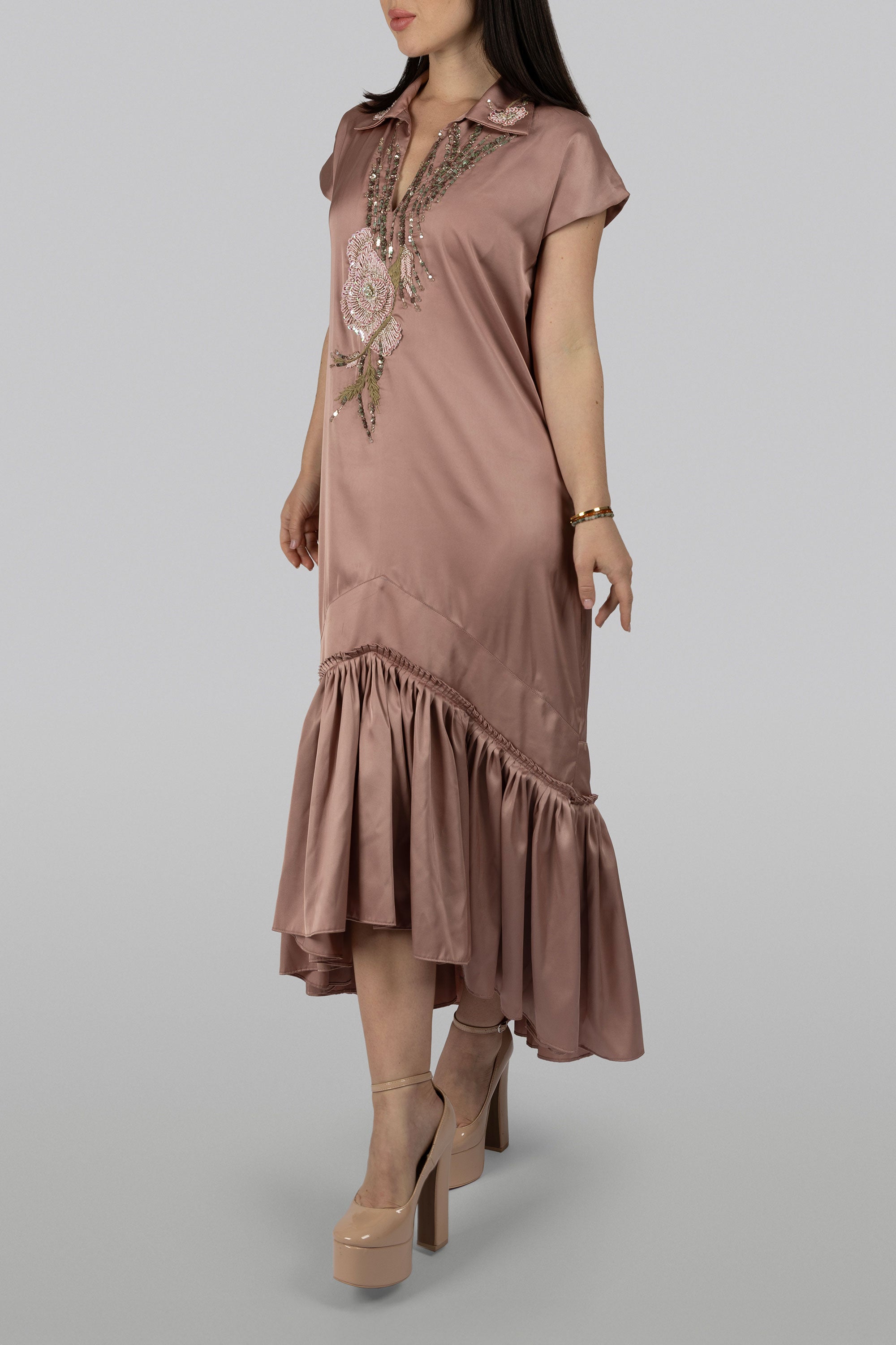 Blush silk midi dress with delicate sequin floral detail