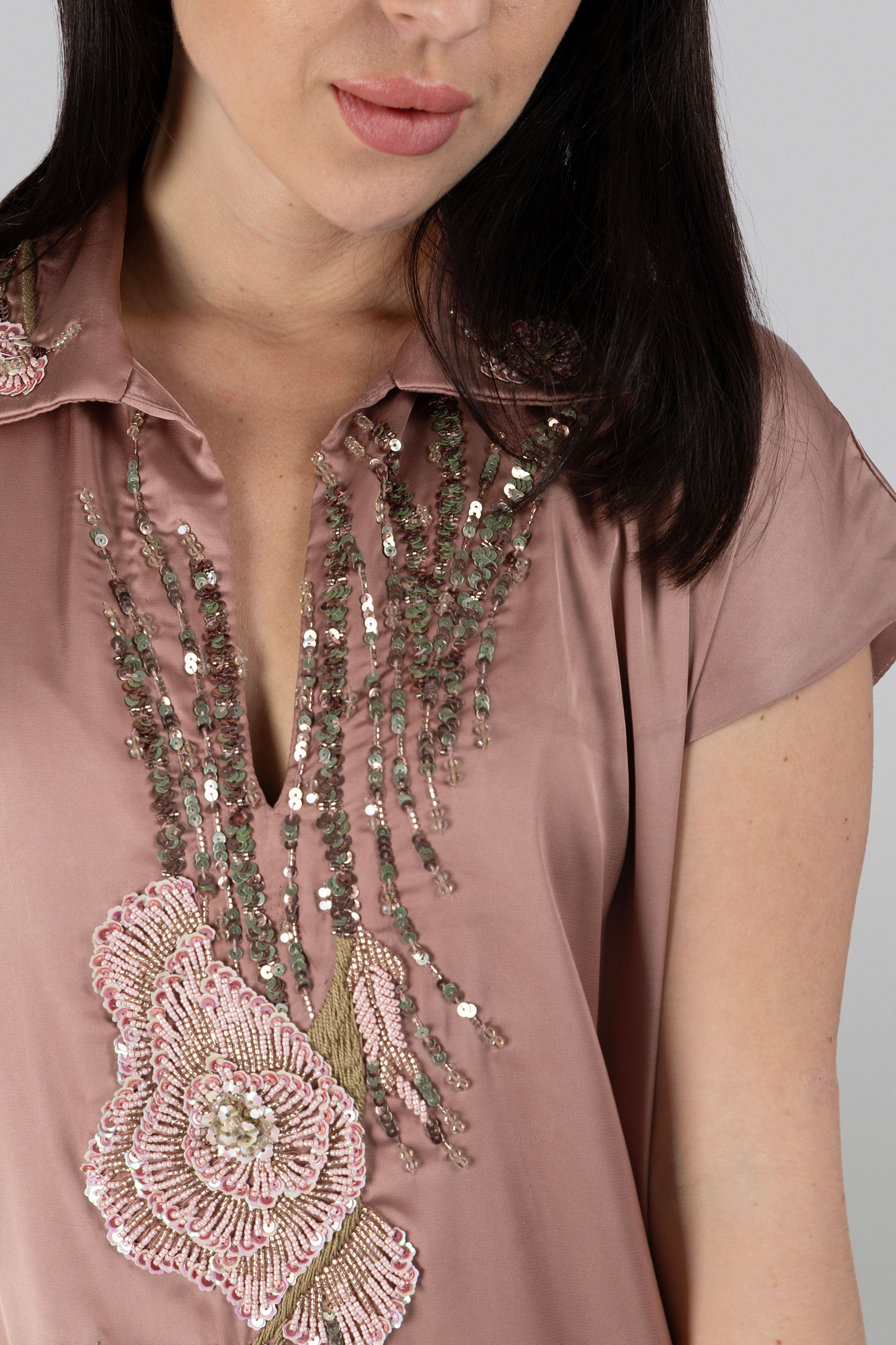 Sculptural blush silk midi dress with embroidery neckline