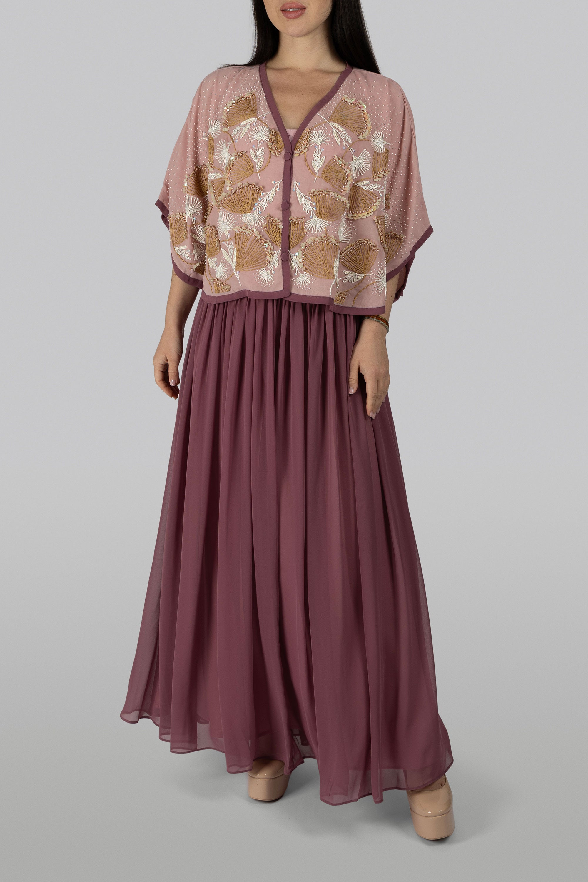 Bohemian cape dress set in deep pink and blush tones