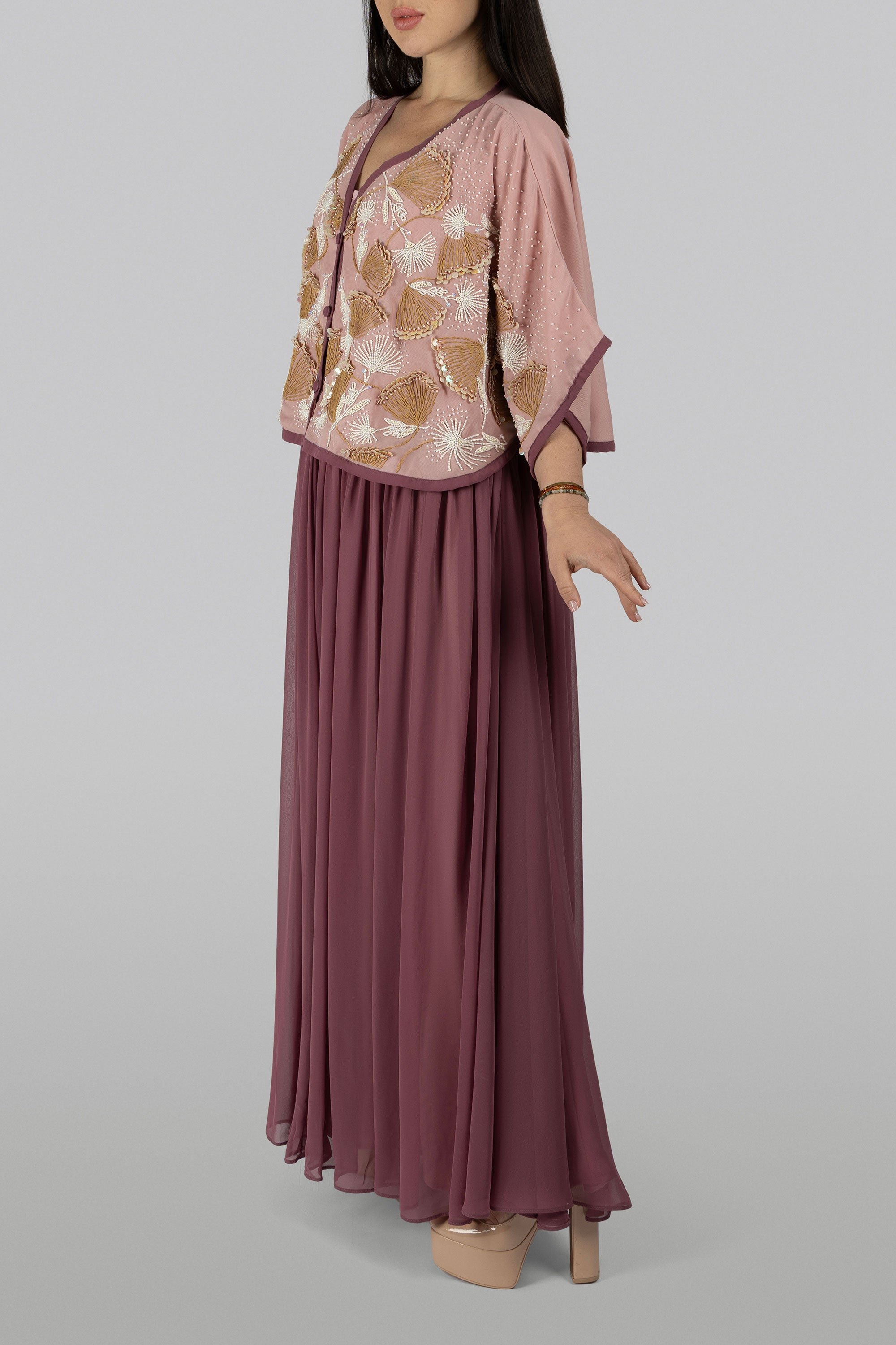 Dandelion dress set with delicate white and gold dandelion embroidery