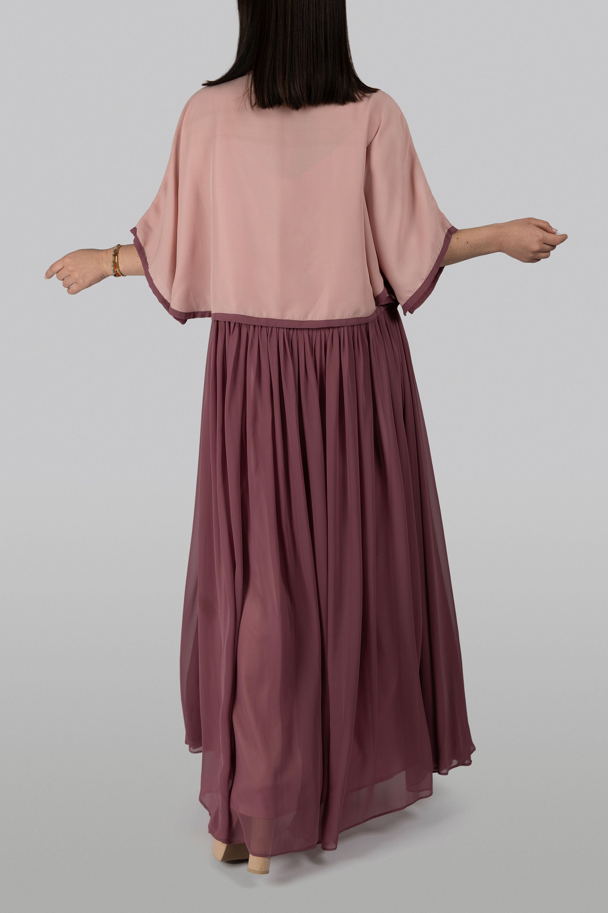 Gathered maxi dress with artisan embroidered bohemian cape