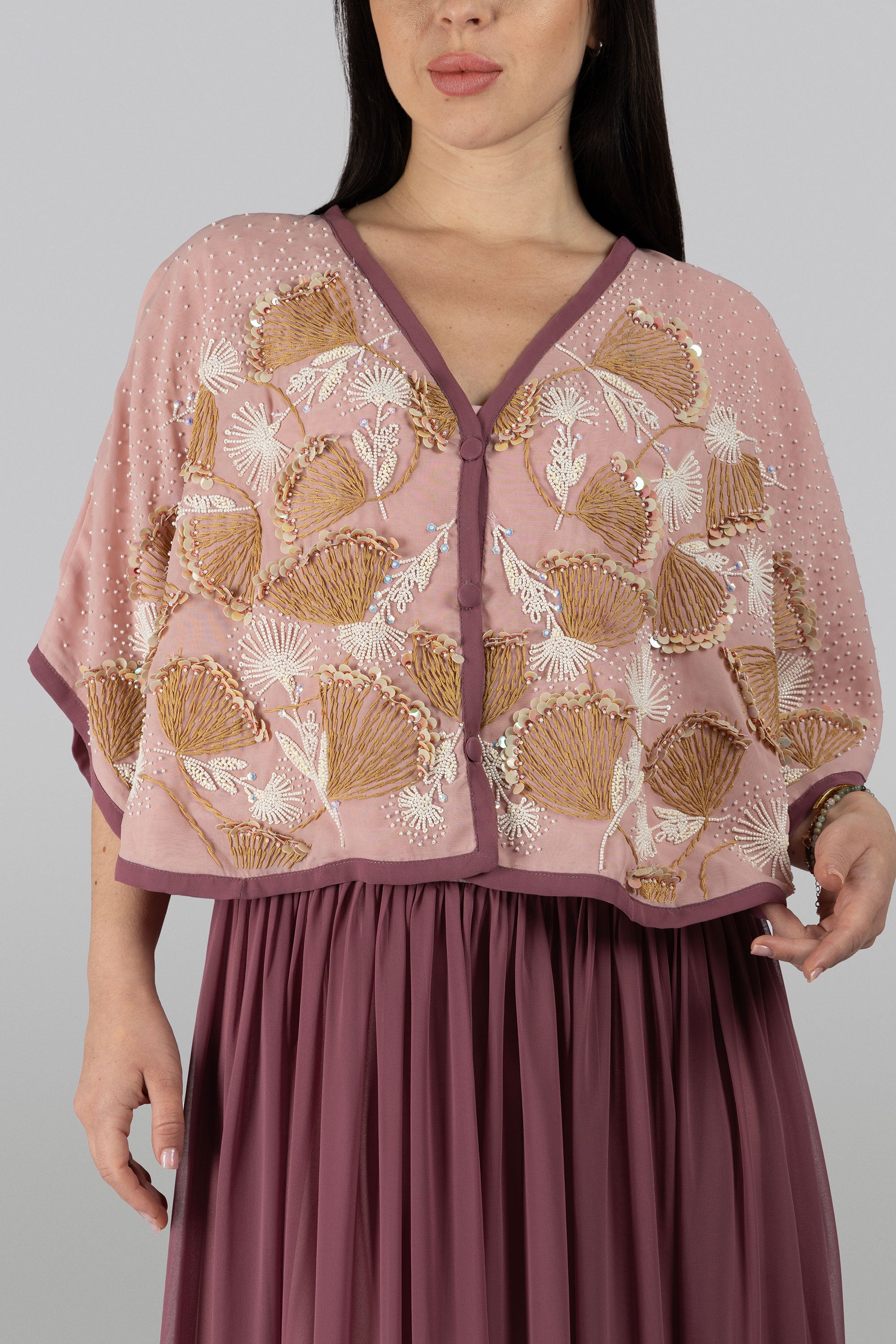 Dandelion deep pink maxi dress with blush embroidered bohemian cape