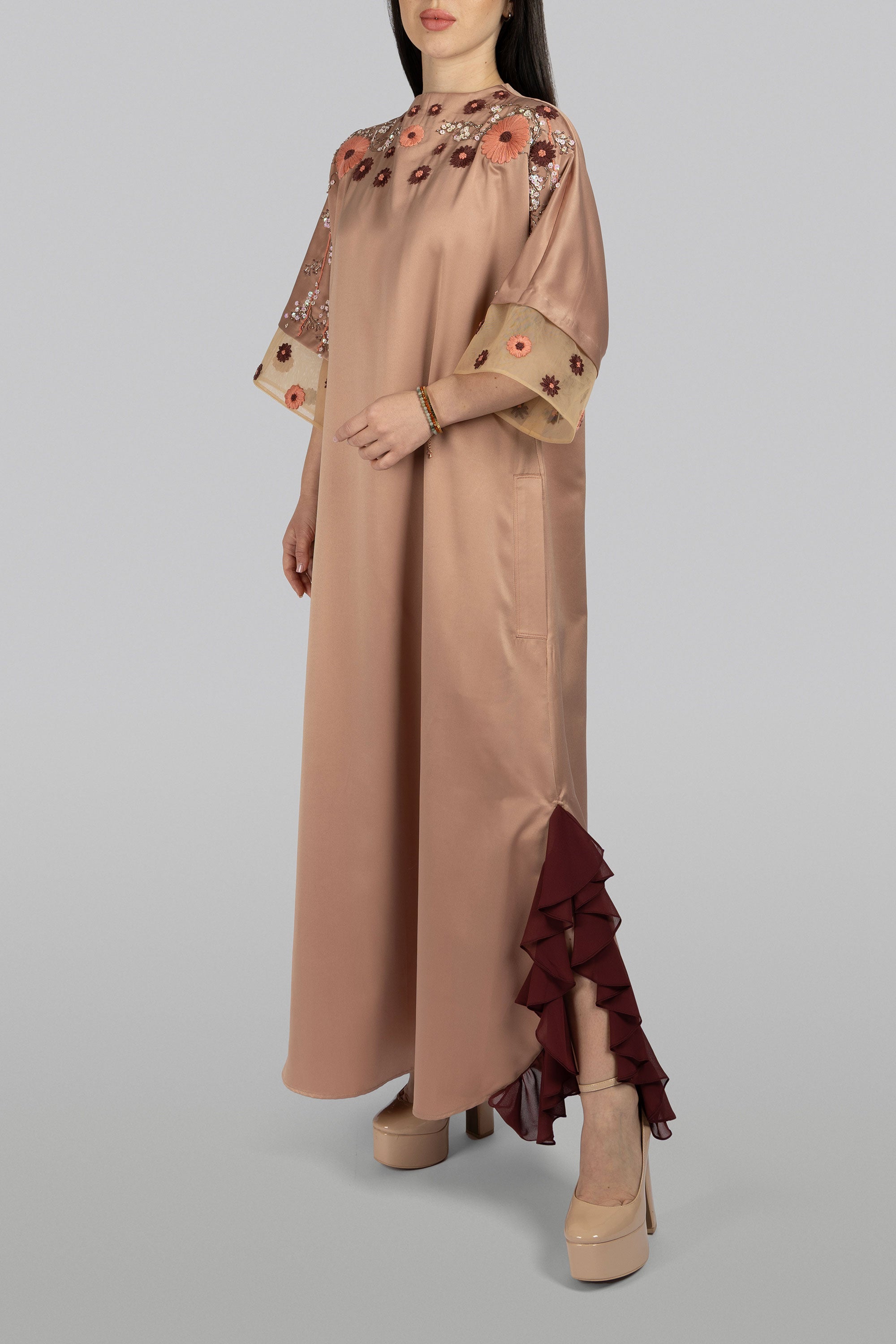 Arnica dress satin maxi with cascading floral thread work