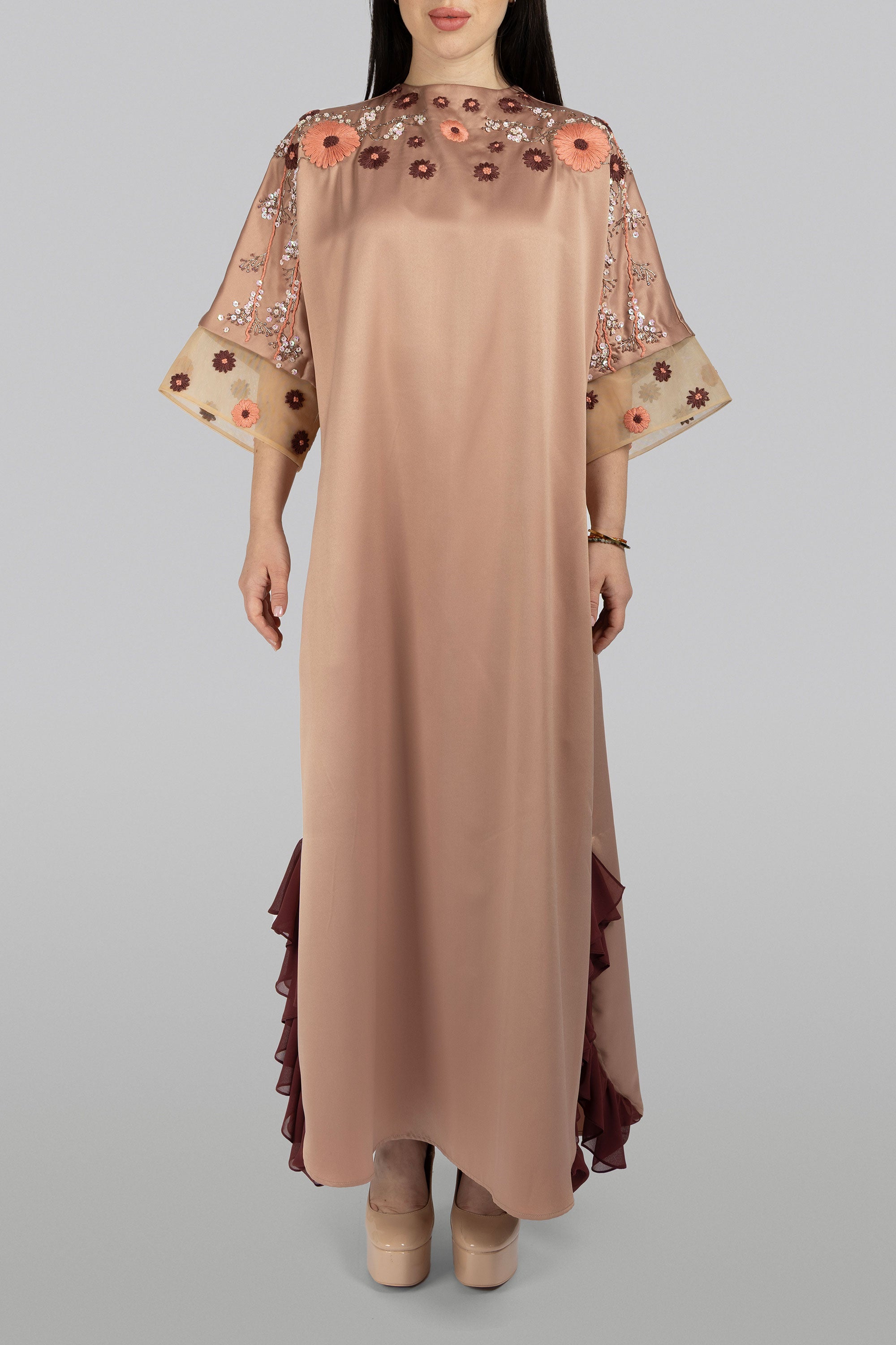 Arnica peach satin maxi dress with floral embroidery and maroon frill