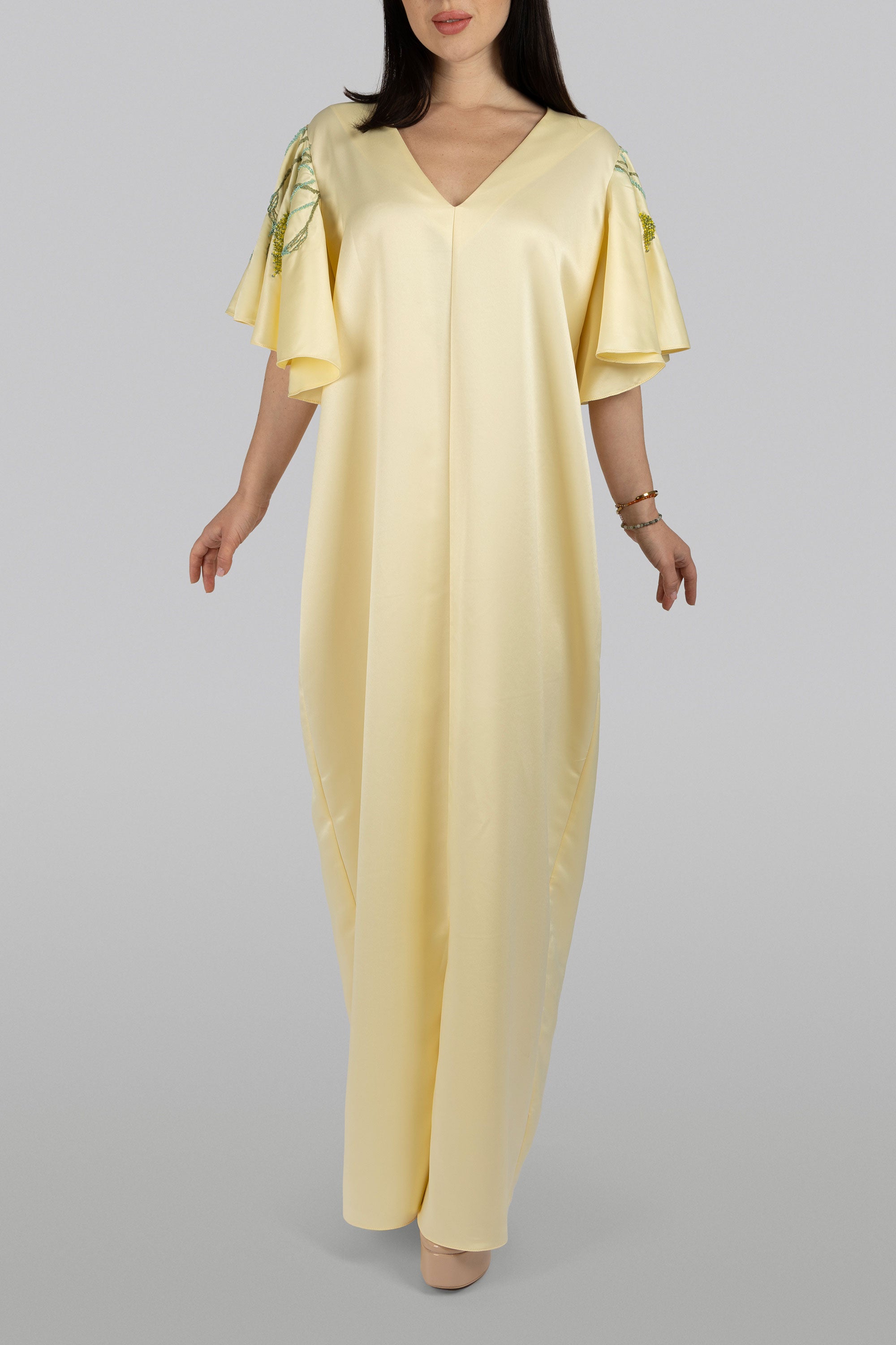 Wisteria butter-yellow chiffon caftan with wisteria-inspired hanging motifs
