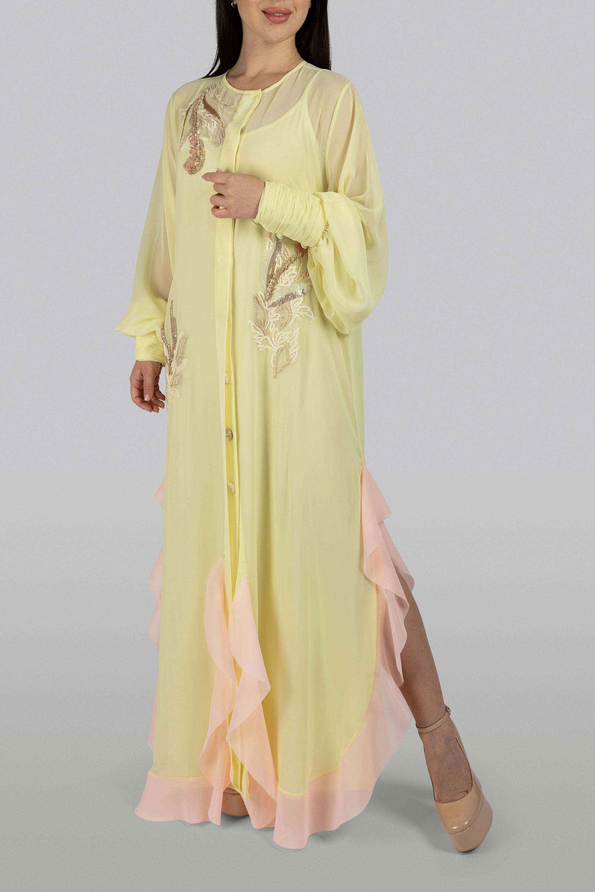 Corsage butter-yellow chiffon floor-length shirt dress with floral embroidery
