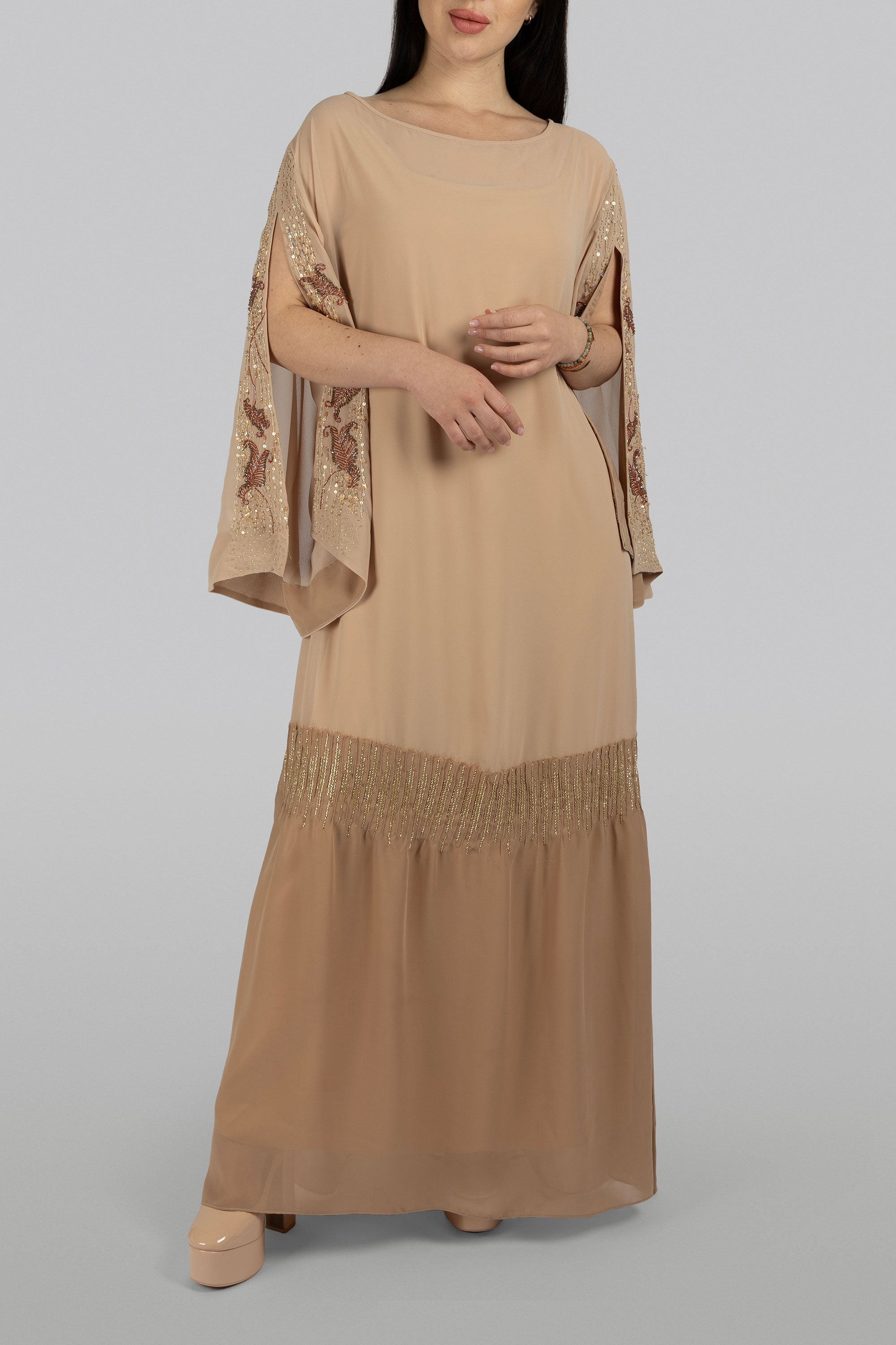 Moss two-toned chiffon floor-length caftan with gold and maroon leaf embroidery