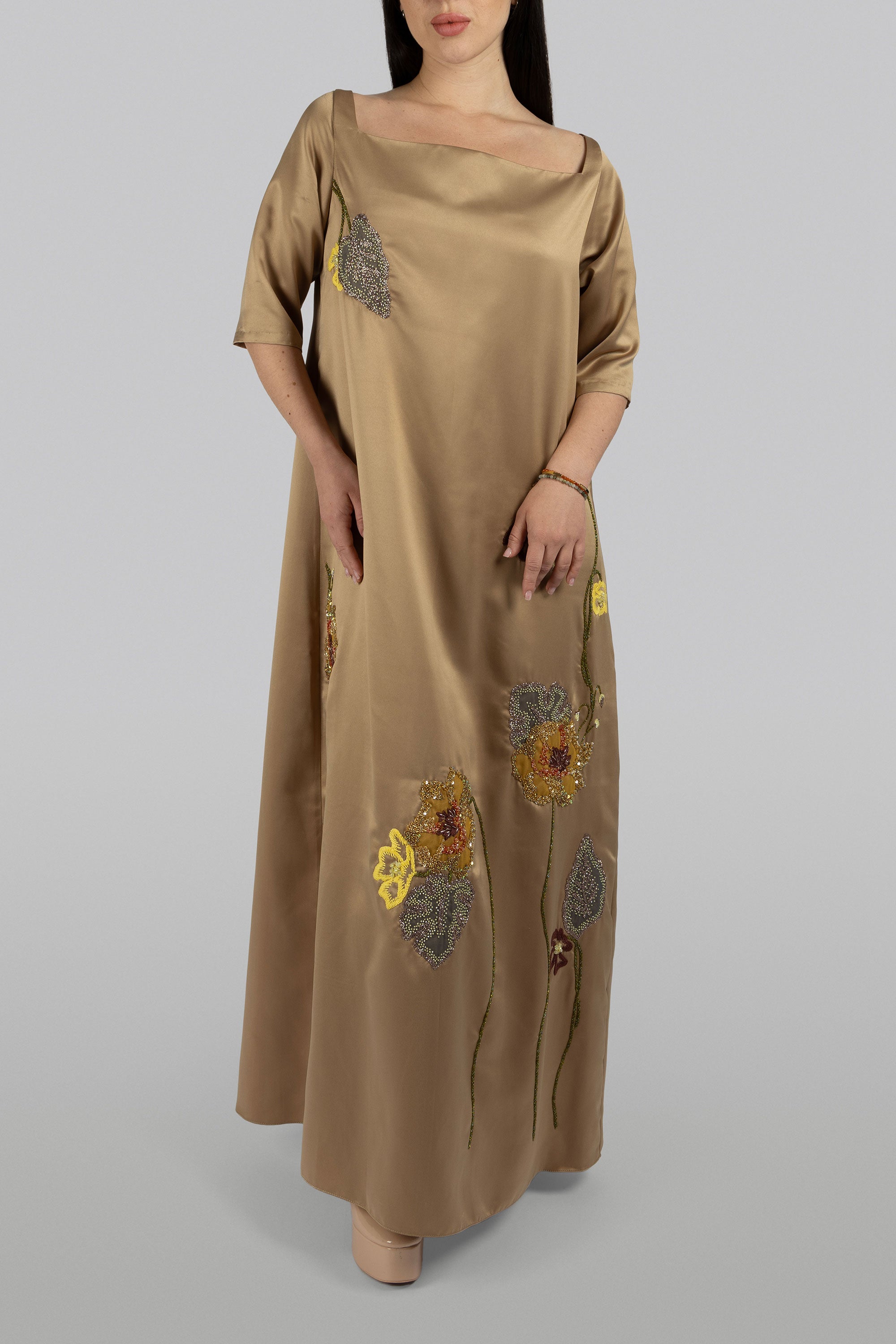 Carnation earthy gold satin A-line maxi dress with floral motifs
