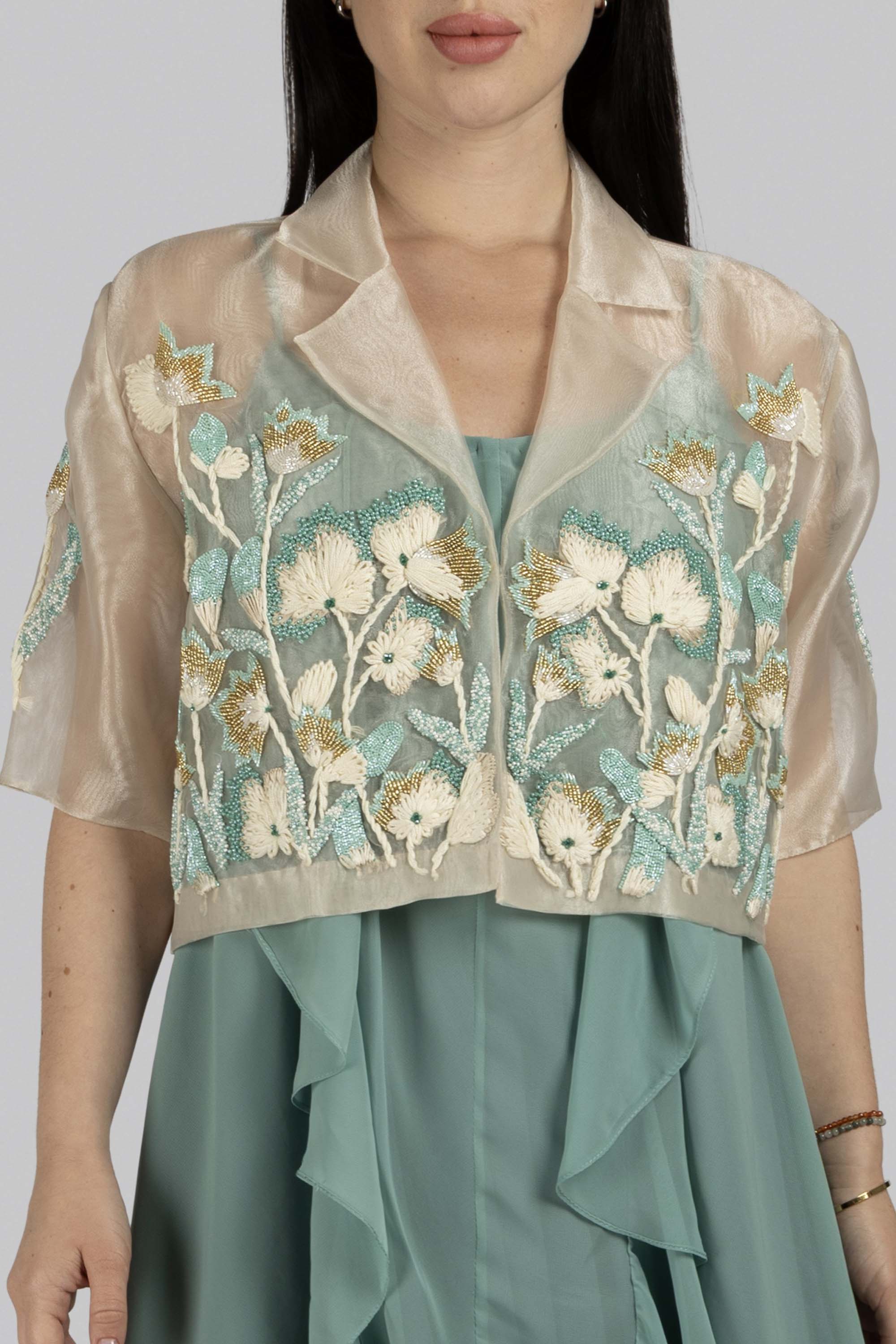 Front view of Lilly Jacket, sheer skin-toned organza with embroidered lilies and bead detailing by KUNST