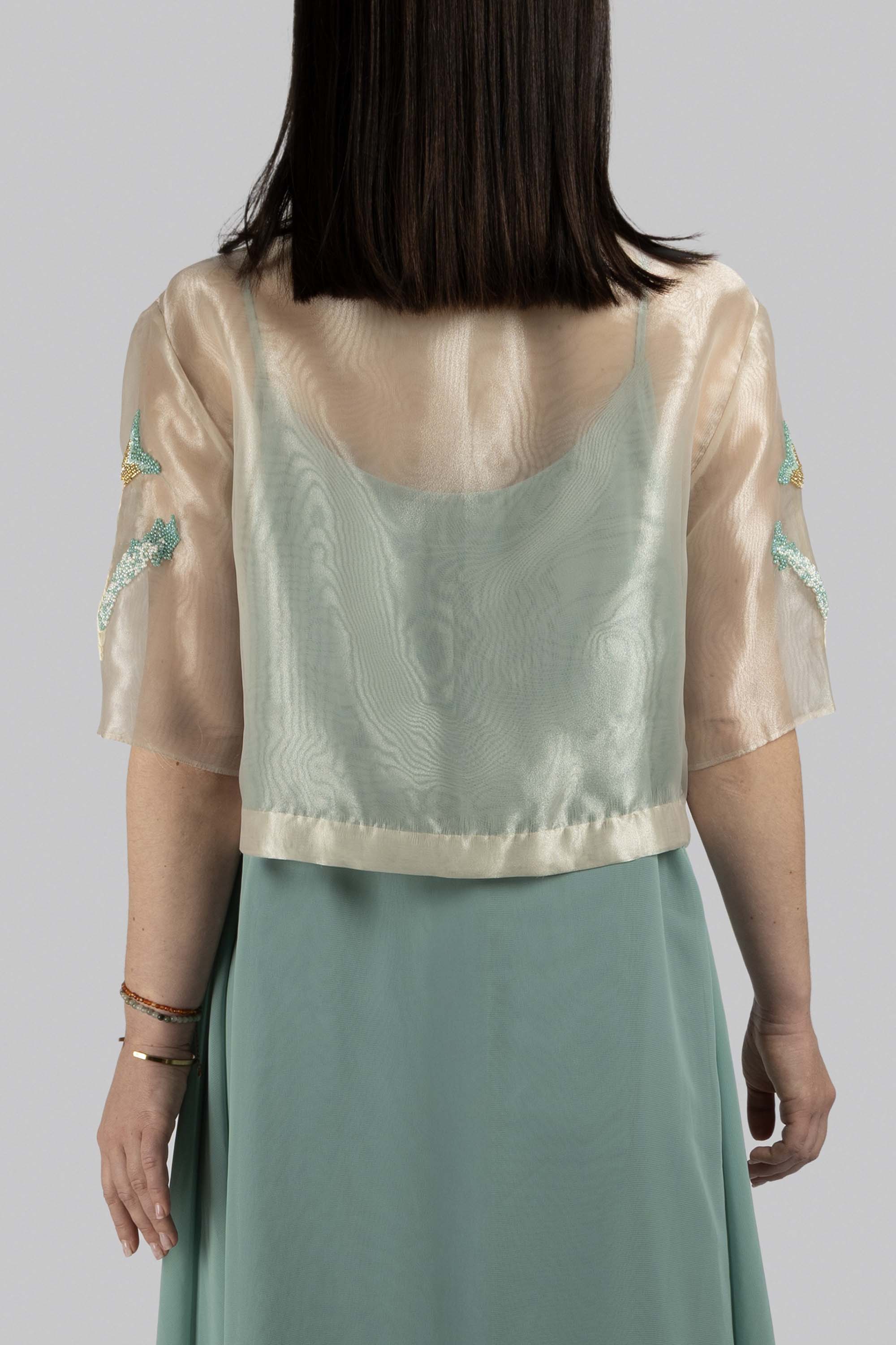Back view of Lilly Jacket, embroidered lily motifs and fine thread detailing, sheer organza design by KUNST