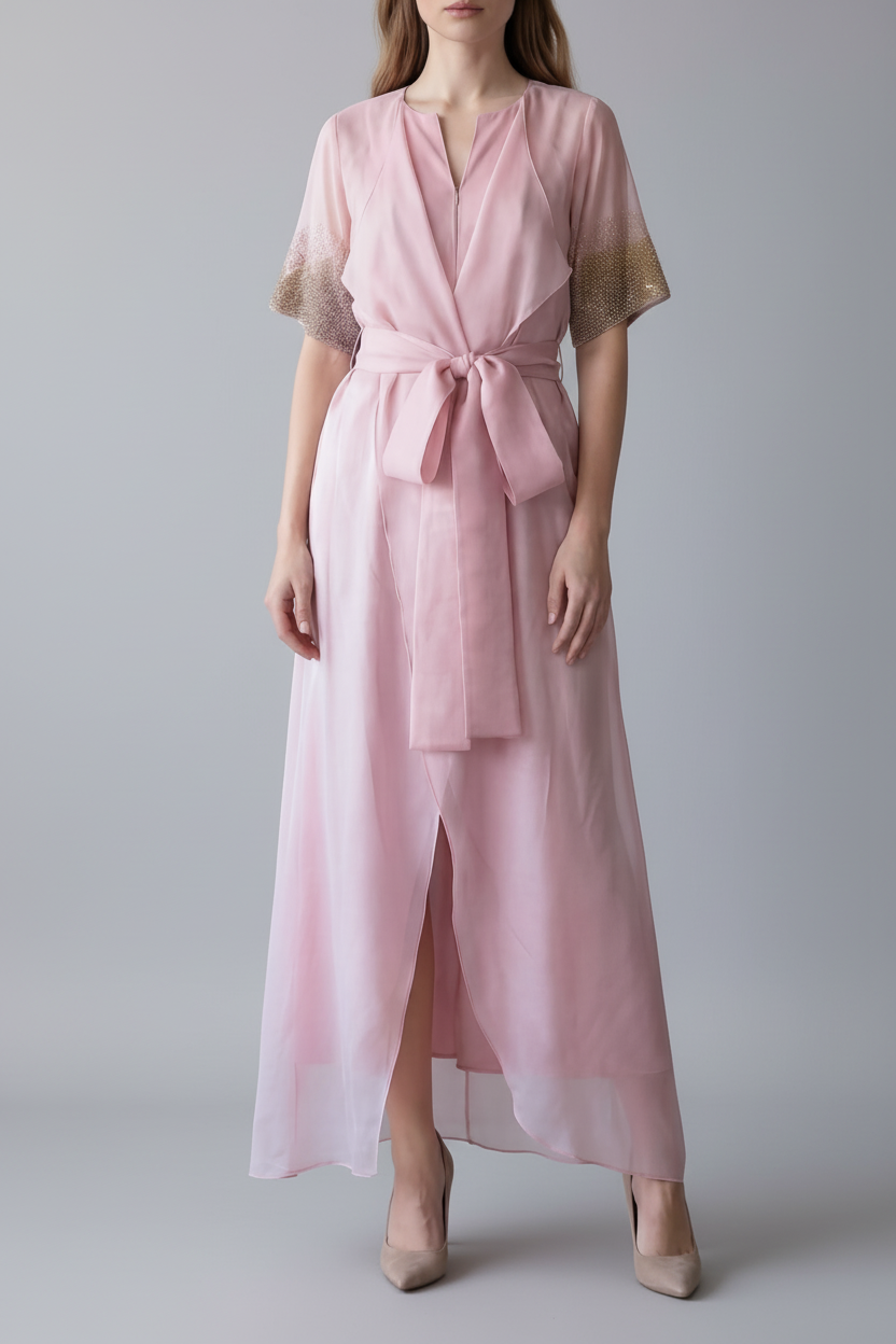 Woman wearing a pink dress with sheer sleeves on a plain background