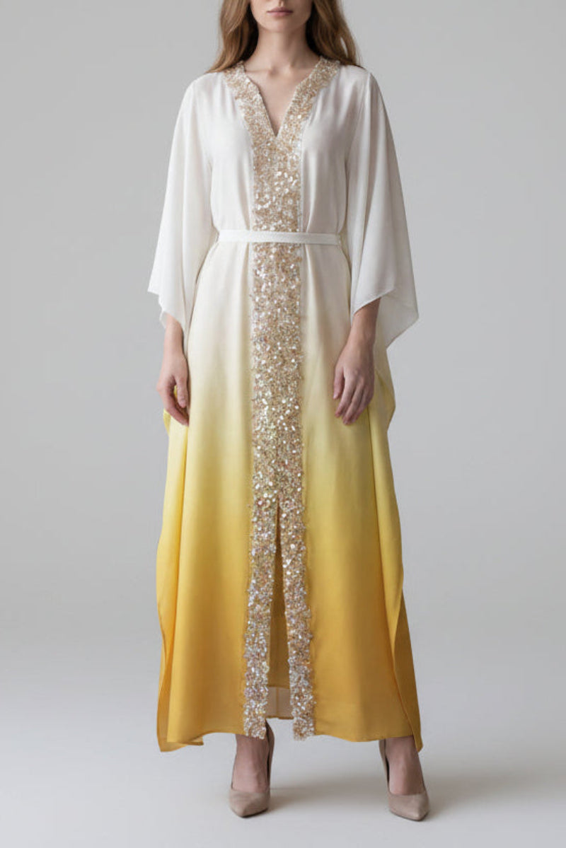 Soraya Farasha by Kunst in sunshine yellow ombré Farasha thobe with delicate 3D beadwork, luxury modest fashion .
