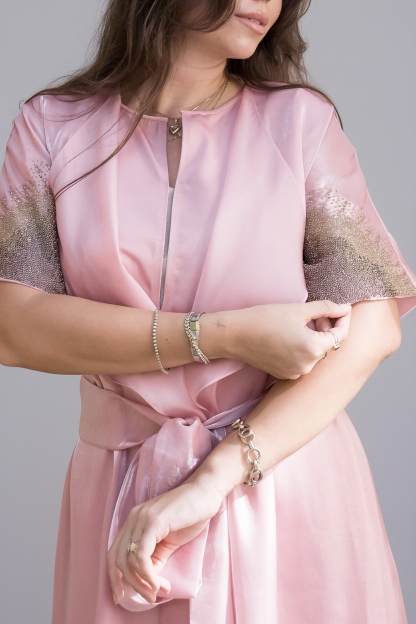 Zerith Cape Set in pastel pink organza by Kunst with flowing cape, sculpted collar, and gold beadwork, luxury modest wear
