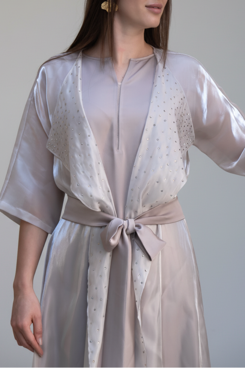 Najmeh grey organza cape jacket with muted gold crystal embroidered collar