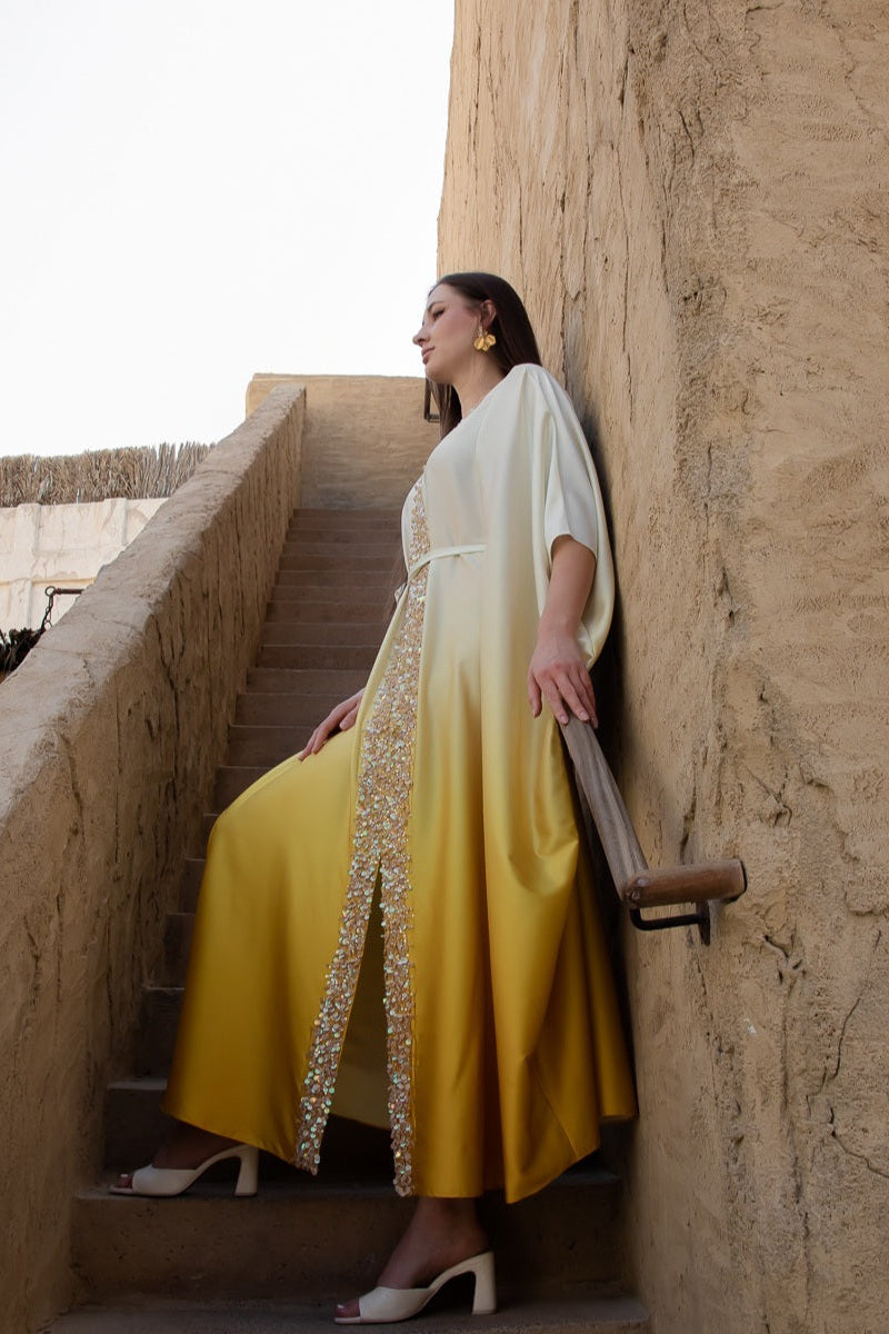 Luxury modest Soraya Farasha in flowing ombré yellow Farasha design with contemporary elegance
